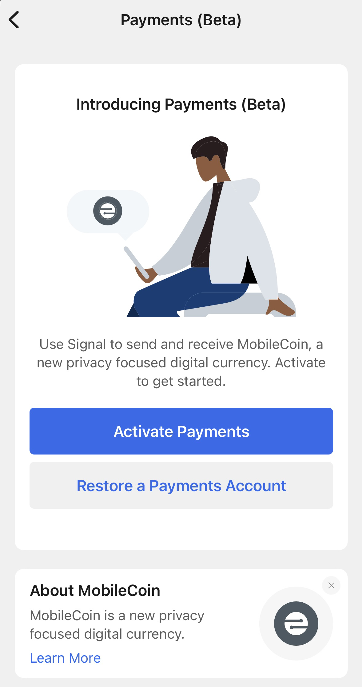 Screenshot of settings in the Signal app. Introducing payments and Mobile coin, a new privacy focussed digital currency.