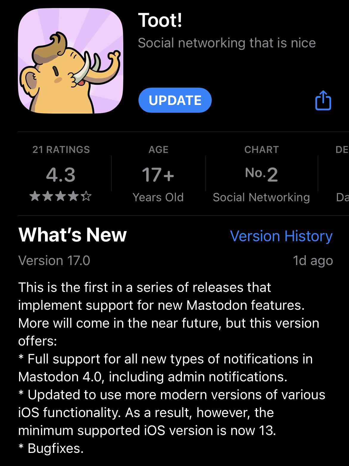 A screenshot of the Toot! app from the Apple app  store and the update notes for version 17.