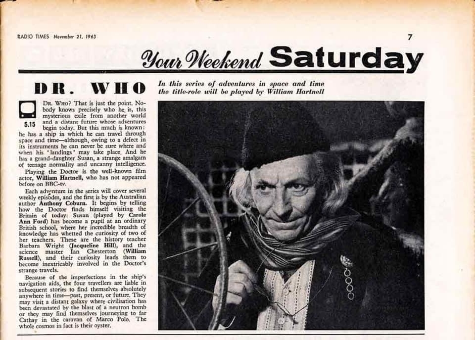 A newspaper article dated 23 November 1963 that describes a new show, Doctor Who, that premieres that day.