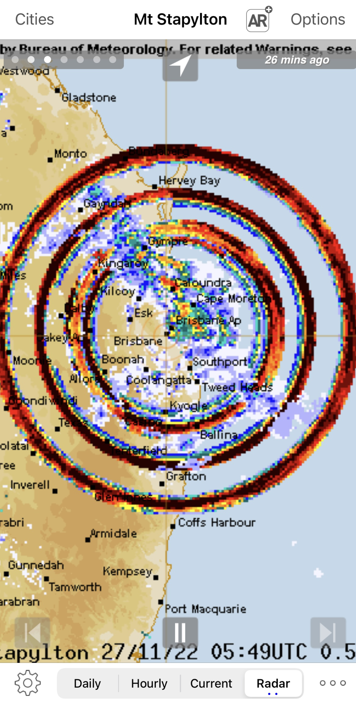 A radar image from the Mt Stapylton weather radar showing three concentric rings of red and black, which normally means a severe storm. In this case it is an error.
