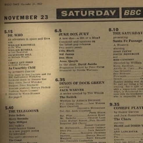 A tv guide dated 23 November 1963 that lists Doctor Who at 5:15pm