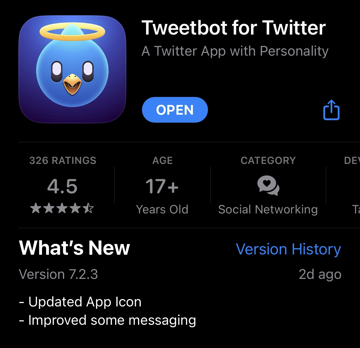 Apple Store app update page for the twitter app, Tweetbot. The blue bird that has been the icon has been updated to have a halo like an angel implying that it is dead, which the app now is.