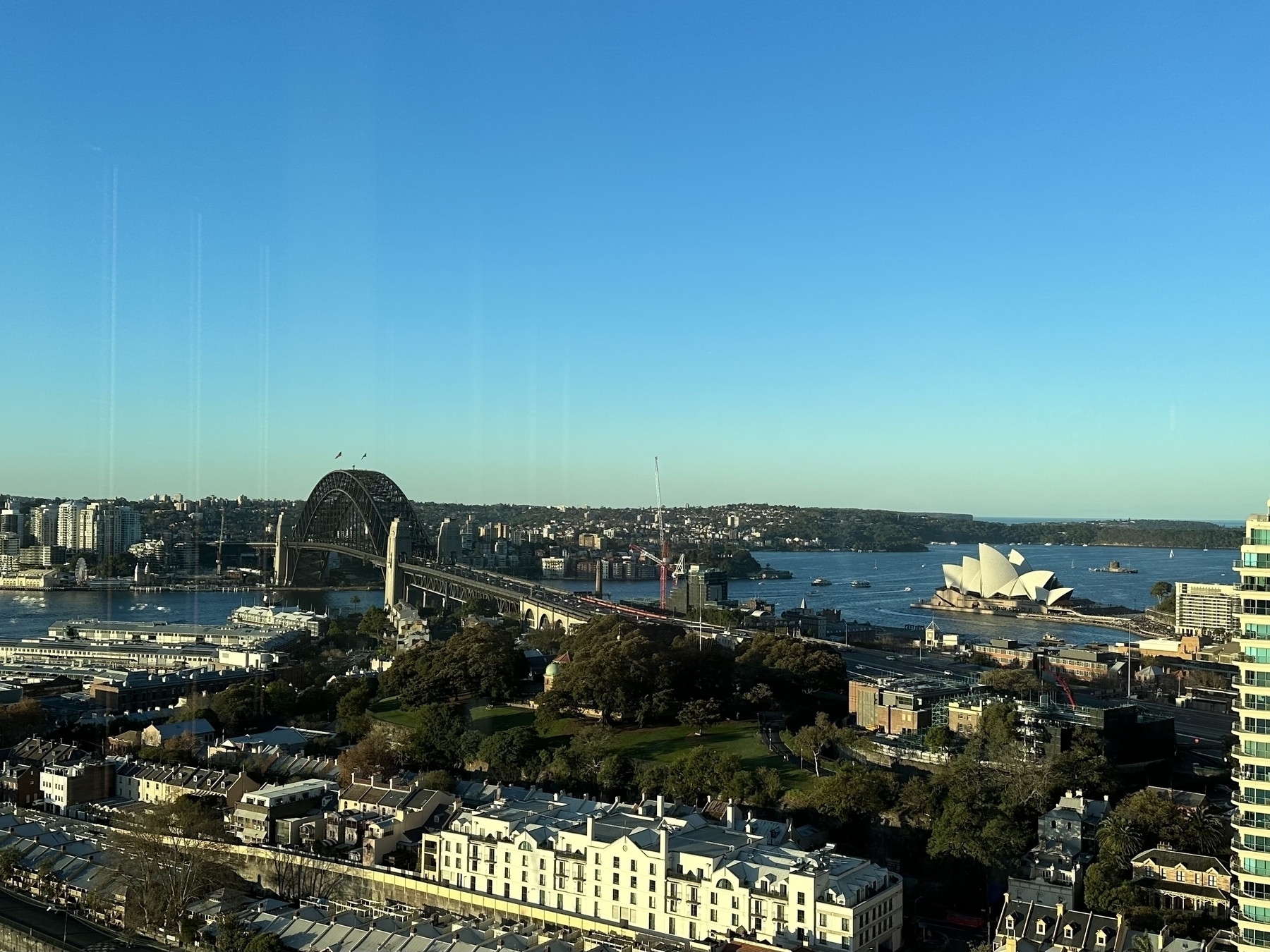 A view from the west looking towards the Sydney Harbour bridge and Opera House.