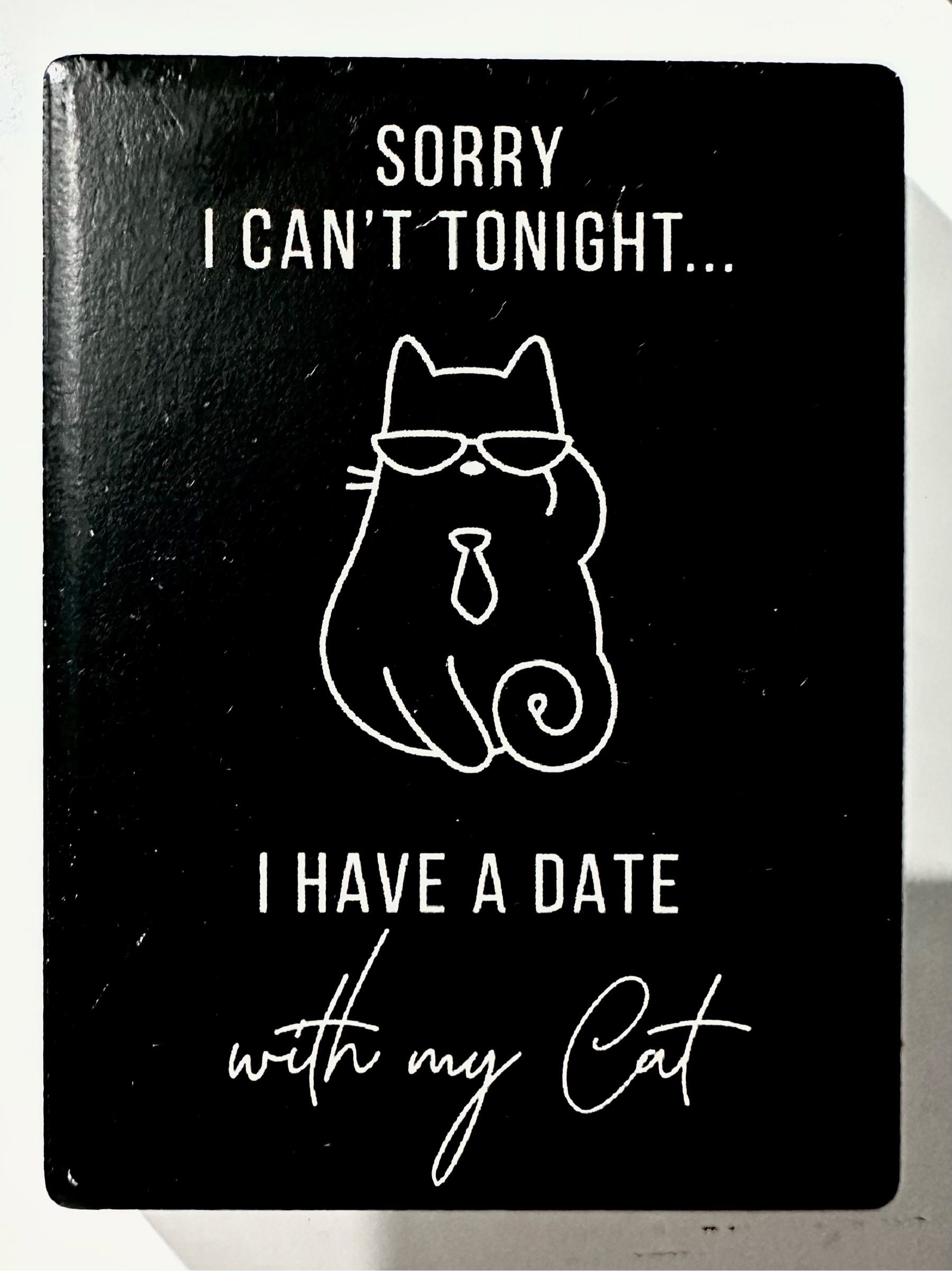 A black rectangular magnet. In white writing from top to bottom it says "Sorry I can't tonight, then an outline of a cat wearing sunglasses, I have a date with my cat”.
