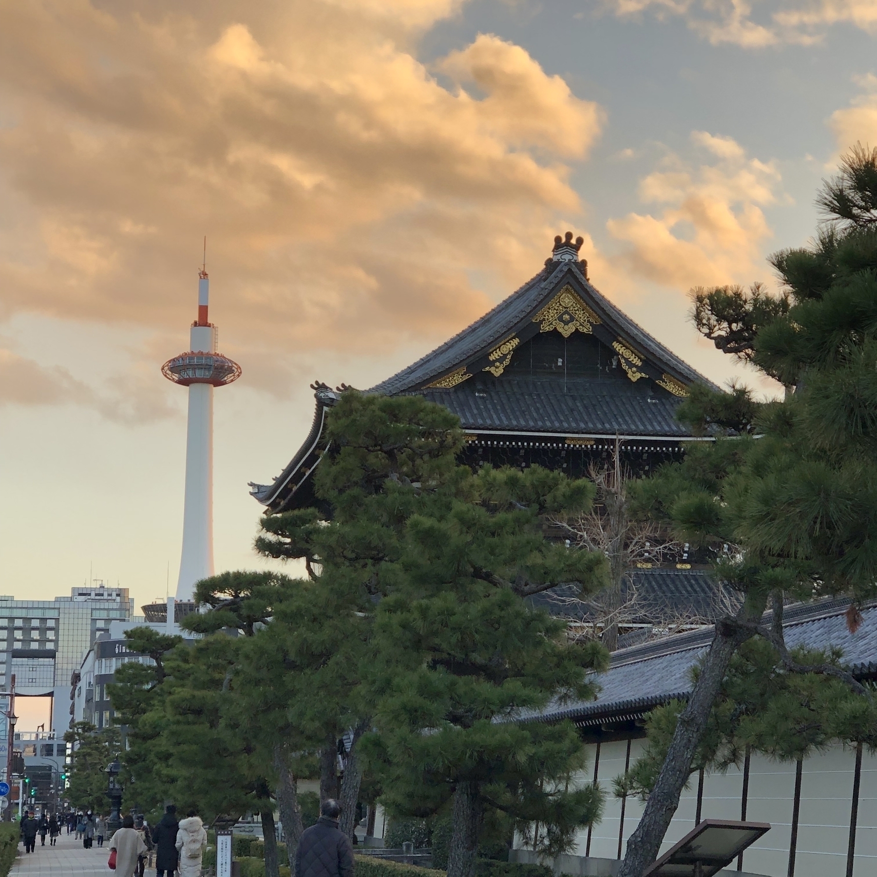 In the foreground the peaked roof of an old Japanese temple is visible over the top of trees lining a street. In the distant background a tall telecommunications tower with spire is visible.