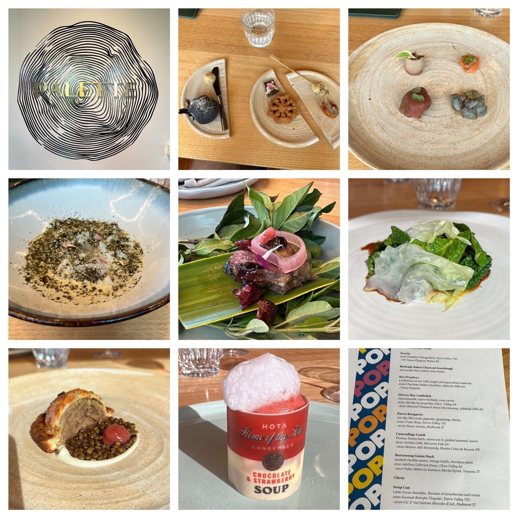 A grid of nine photos. One has the name of the restaurant, Palette, one has the menu, and the other seven are the dishes.