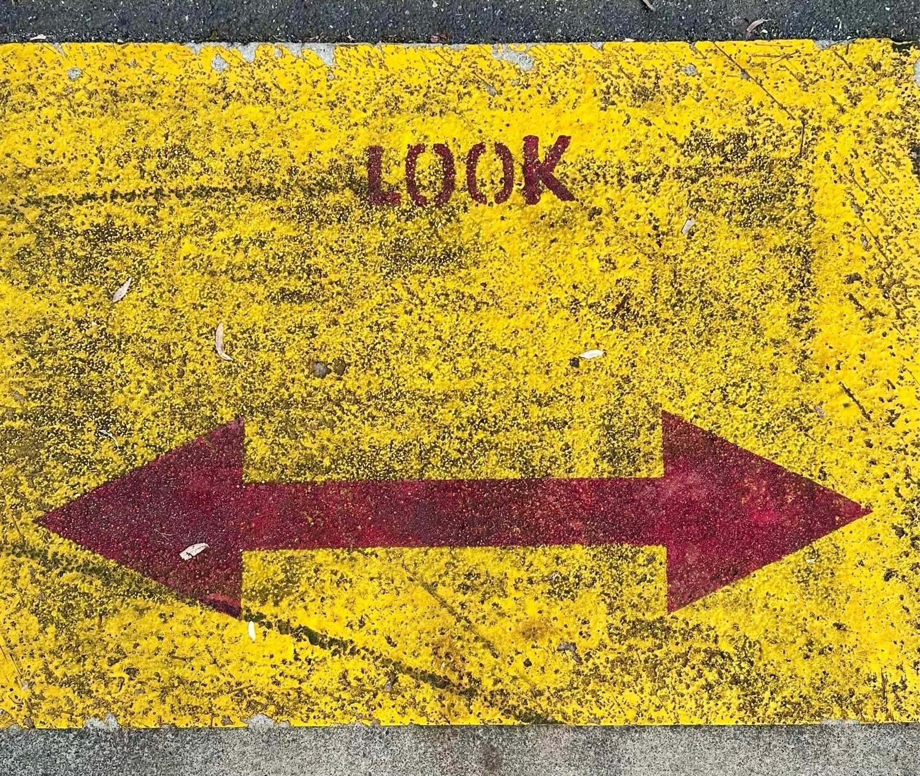 A yellow rectangle painted on a path. “Look” in red at the top and a red arrow pointing both ways at the bottom.