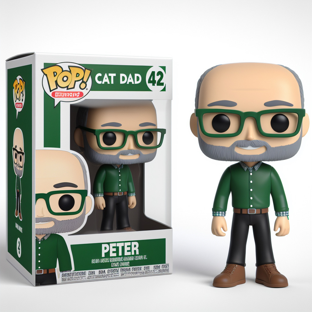Funko figure of a male with bald head and grey beard, smiling, wearing a long sleeve green business shirt, black jeans, green glasses and brown boots. The Funko is displayed inside and outside a limited edition green and white Funko box with CAT DAD text and number 42 at the top and PETER at the bottom.