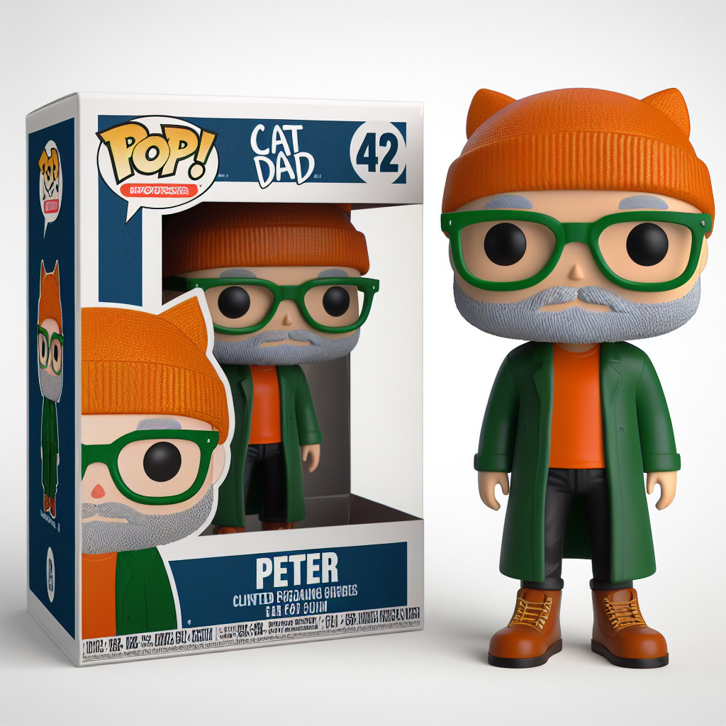 Funko figure of a male with a grey beard, smiling, called PETER, wearing an orange shirt, a long green coat, an orange beanie with pointy cats ears, green glasses, black jeans and brown boots. The Funko is displayed inside and outside a limited edition blue and white Funko box with CAT DAD text and number 42 at the top and PETER at the bottom.