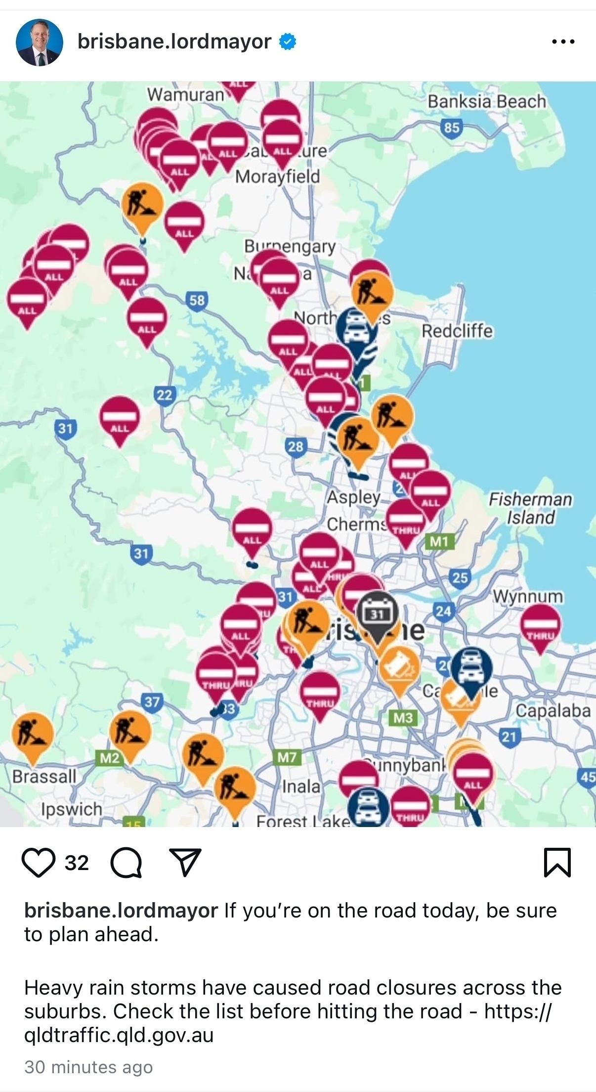 A screenshot of the Brisbane Lord Mayor instagram account showing a large number of road closures on a map of Brisbane and surrounding areas.