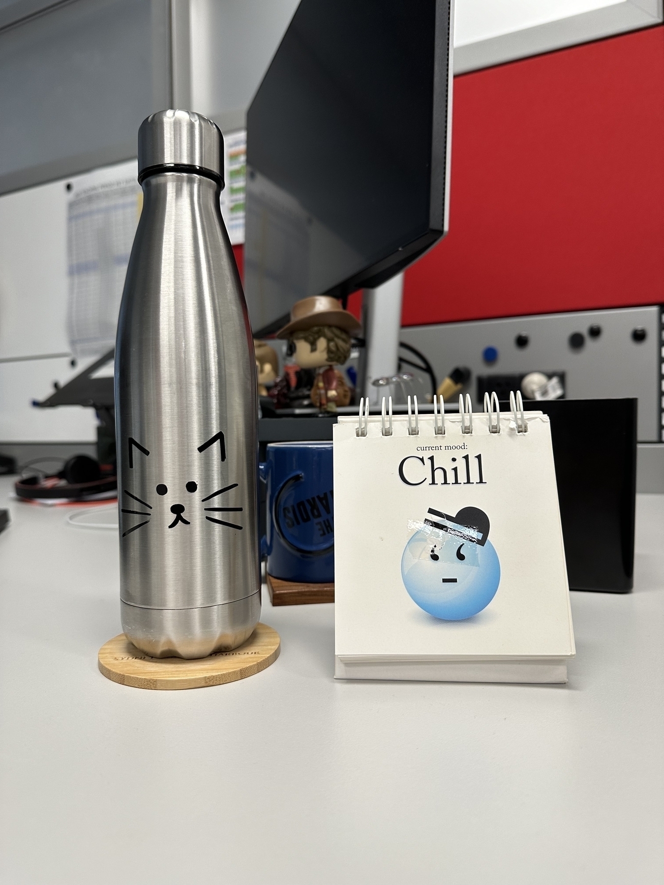 Side on view of a desk. Sitting on the desk is a silver metal drink bottle with a sticker showing the face of a cat. Beside that is a white card saying “chill” above a smiling blue emoji face. Behind is a computer stand and monitor.