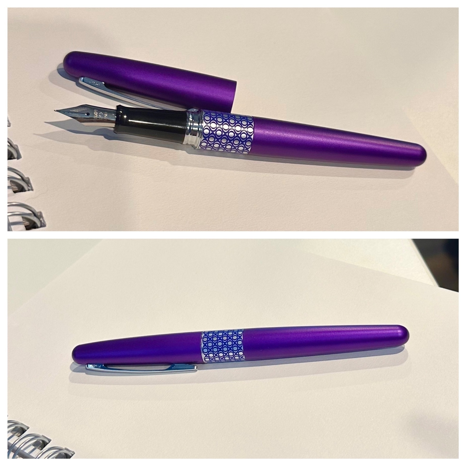 Two photos of violet purple fountain pen laying on a white notepad. Top photo has the cap off showing the nib and the bottom the cap is on. There is a silver band around the middle of the pen with purple wavy lines.
