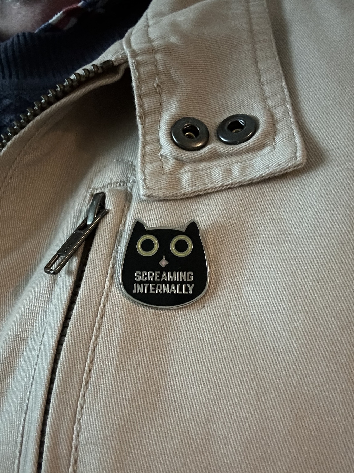A black enamel badge in the shape of an animal head, pointy ears, big round eyes and the words “Screaming Internally” where the mouth would be. It’s pinned on a cream coloured jacket.