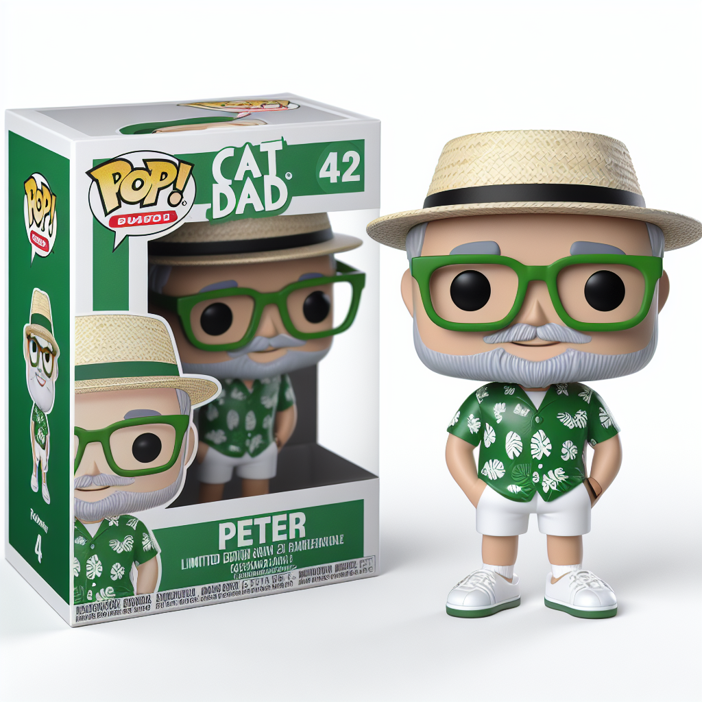 Funko figure of a male with a grey beard, smiling, wearing a green and white Hawaiian shirt, white shorts, green glasses, white sandshoes and a Panama hat. The Funko is displayed inside and outside a limited edition green and white Funko box with CAT DAD text and number 42 at the top and PETER at the bottom.