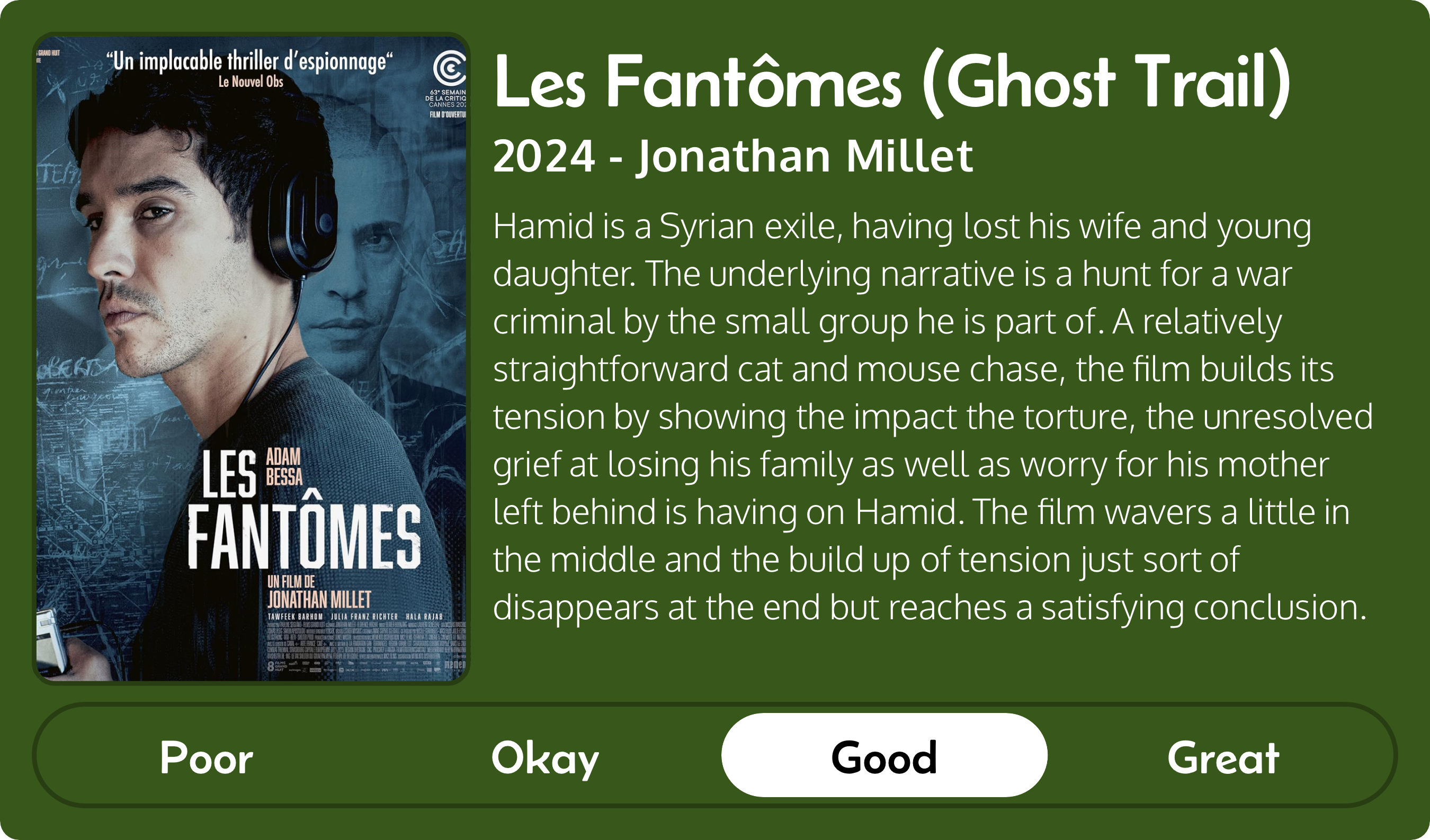 A rectangular image with a review of the movie Les Fantômes (Ghost Trail) (2024). The movie poster is on the left and the review on the right side. Across the bottom is a rating of Poor Okay Good Great with Good selected. The review reads: Hamid is a Syrian exile, having lost his wife and young daughter. The underlying narrative is a hunt for a war criminal by the small group he is part of. A relatively straightforward cat and mouse chase, the film builds its tension by showing the impact the torture, the unresolved grief at losing his family as well as worry for his mother left behind is having on Hamid. The film wavers a little in the middle and the build up of tension just sort of disappears at the end but reaches a satisfying conclusion.