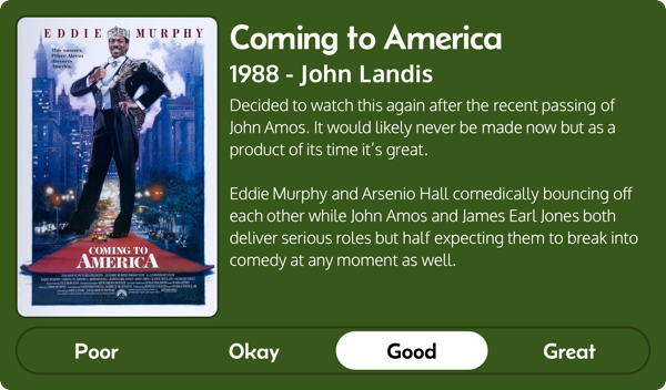 A rectangular image with a review of the movie Coming to America (1988). The movie poster is on the left and the review on the right side. Across the bottom is a rating of Poor Okay Good Great with Good selected. The review reads: Decided to watch this again after the recent passing of John Amos. It would likely never be made now but as a product of its time it’s great. Eddie Murphy and Arsenio Hall comedically bouncing off each other while John Amos and James Earl Jones both deliver serious roles but half expecting them to break into comedy at any moment as well.  