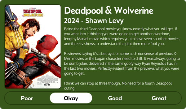 A rectangular image with a review of the movie Deadpool and Wolverine (2024). The movie poster is on the left and the review on the right side. Across the bottom is a rating of Poor Okay Good Great with Okay selected. The review reads: Being the third Deadpool movie you know exactly what you will get. If you went into it thinking you were going to get another overdone, lengthy Marvel movie which requires you to have seen six other movies and three tv shows to understand the plot then more fool you. Reviewers saying it’s a betrayal or some such nonsense of previous X-Men movies or the Logan character need to chill. It was always going to be dumb jokes delivered in the same goofy way Ryan Reynolds has in the last two movies. Perfectly evident from the previews what you were going to get. I think we can stop at three though. No need for a fourth Deadpool outing.