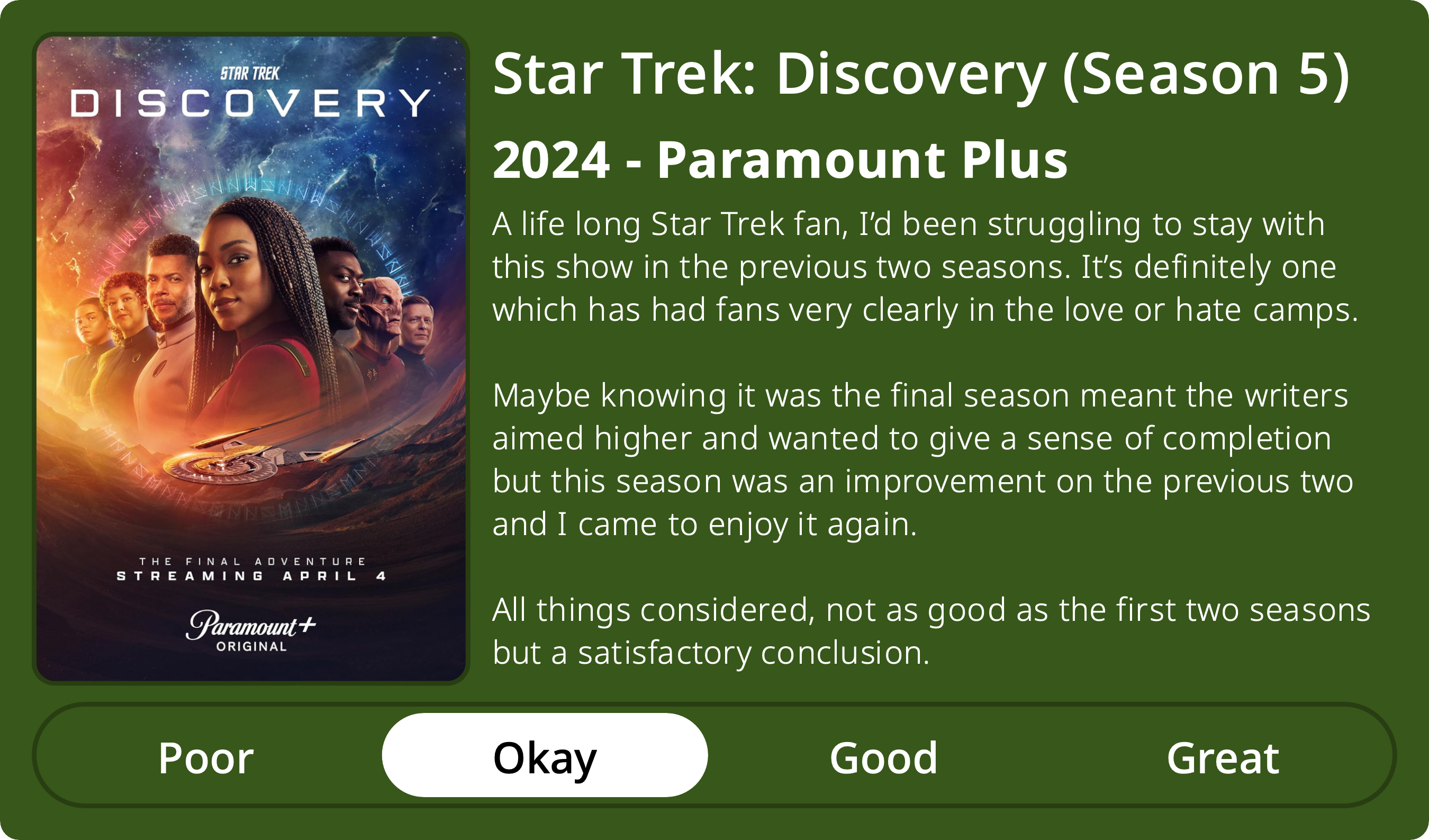 A rectangular image with a review of the television series Star Trek: Discovery (Season 5). The show poster is on the left and the review on the right side. Across the bottom is a rating of Poor Okay Good Great with Okay selected. The review reads: A life long Star Trek fan, I’d been struggling to stay with this show in the previous two seasons. It’s definitely one which has had fans very clearly in the love or hate camps. Maybe knowing it was the final season meant the writers aimed higher and wanted to give a sense of completion but this season was an improvement on the previous two and I came to enjoy it again. All things considered, not as good as the first two seasons but a satisfactory conclusion.