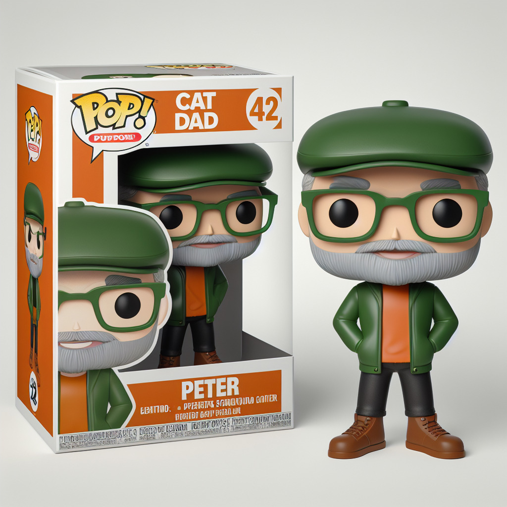 Funko figure of a male with a grey beard, smiling, wearing an orange shirt, a green jacket, a green flat cap, green glasses, black jeans and brown boots. The Funko is displayed inside and outside a limited edition orange and white Funko box with CAT DAD text and number 42 at the top and PETER at the bottom.