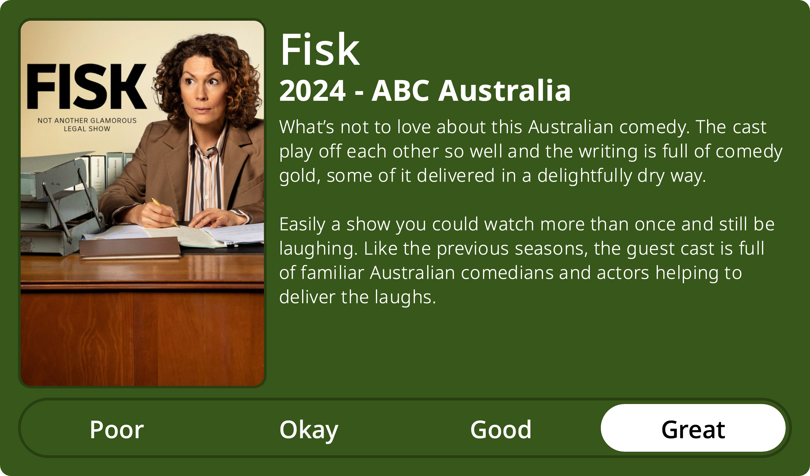 A rectangular image with a review of the television series Fisk (Season 3). The show poster is on the left and the review on the right side. Across the bottom is a rating of Poor Okay Good Great with Great selected. The review reads: What’s not to love about this Australian comedy. The cast play off each other so well and the writing is full of comedy gold, some of it delivered in a delightfully dry way. Easily a show you could watch more than once and still be laughing. Like the previous seasons, the guest cast is full of familiar Australian comedians and actors helping to deliver the laughs. 