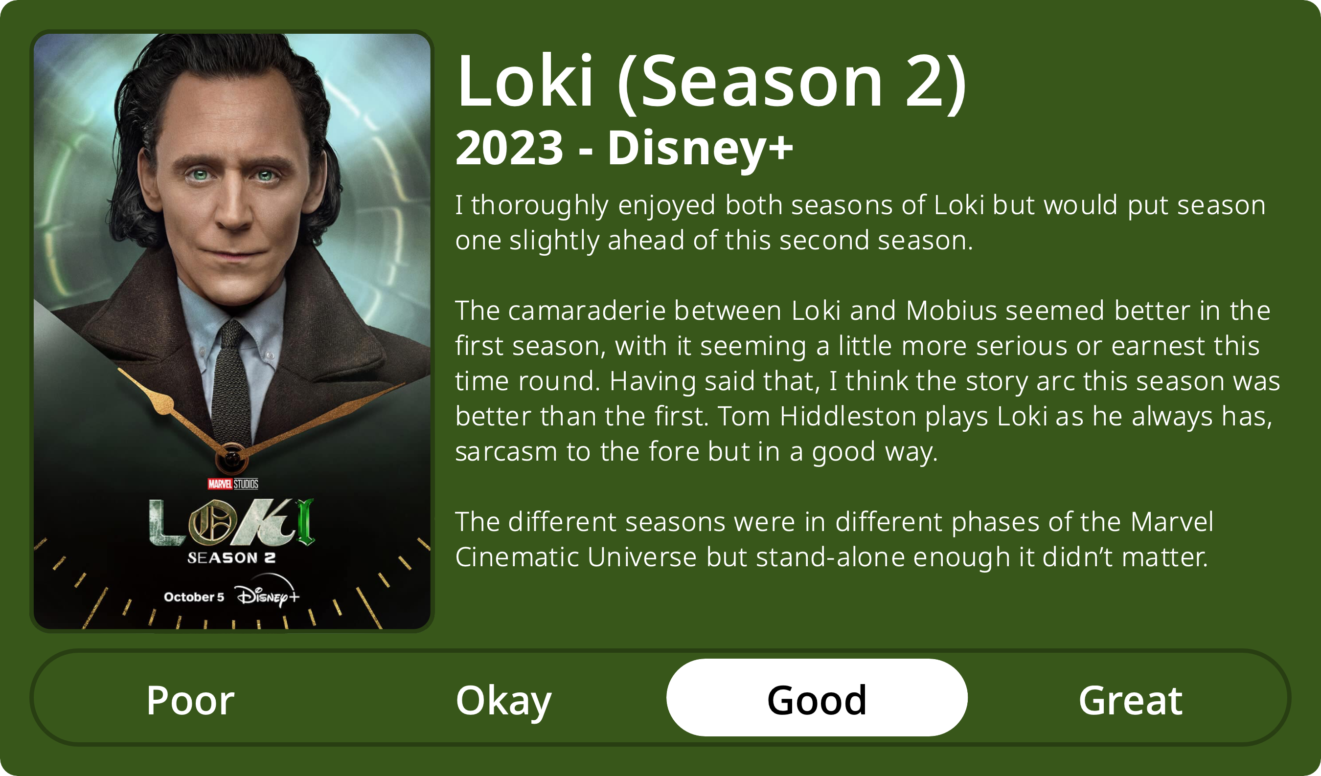 A rectangular image with a review of the television series Loki (Season 2). The show poster is on the left and the review on the right side. Across the bottom is a rating of Poor Okay Good Great with Good selected. The review reads: I thoroughly enjoyed both seasons of Loki but would put season one slightly ahead of this second season. The camaraderie between Loki and Mobius seemed better in the first season, with it seeming a little more serious or earnest this time round. Having said that, I think the story arc this season was better than the first. Tom Hiddleston plays Loki as he always has, sarcasm to the fore but in a good way. The different seasons were in different phases of the Marvel Cinematic Universe but stand-alone enough it didn’t matter.