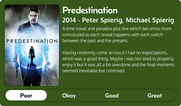 A rectangular image with a review of the movie Predestination (2014). The movie poster is on the left and the review on the right side. Across the bottom is a rating of Poor Okay Good Great with Poor selected. The review reads: A time travel and paradox plot line which becomes more convoluted as each reveal happens with each switch between the past and the present. Having randomly come across it I had no expectations, which was a good thing. Maybe I was too tired to properly enjoy it but it was all a bit overdone and the final moments seemed inevitable but contrived.