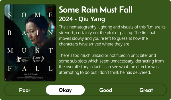 A rectangular image with a review of the movie Some Rain Must Fall (2024). The movie poster is on the left and the review on the right side. Across the bottom is a rating of Poor Okay Good Great with Okay selected. The review reads: The cinematography, lighting and visuals of this film are its strength, certainly not the plot or pacing. The first half moves slowly and you’re left to guess at how the characters have arrived where they are. There’s too much unsaid or not filled in until later and some sub plots which seem unnecessary, detracting from the overall story in fact. I can see what the director was attempting to do but I don’t think he has delivered. 