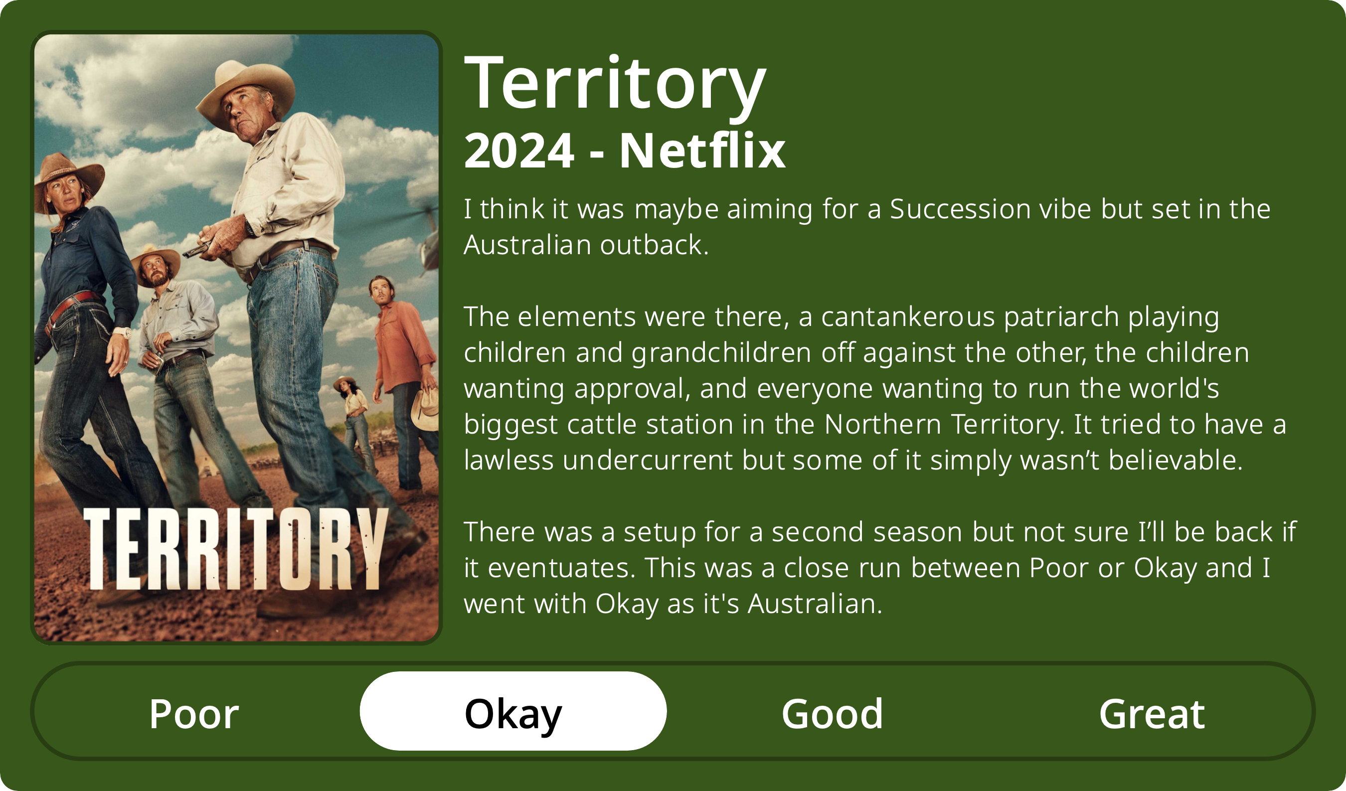 A rectangular image with a review of the television series Territory (Season 1). The show poster is on the left and the review on the right side. Across the bottom is a rating of Poor Okay Good Great with Okay selected. The review reads: I think it was maybe aiming for a Succession or Yellowstone vibe but set in the Australian outback. The elements were there, a cantankerous patriarch playing children and grandchildren off against the other, the children wanting approval, and everyone wanting to run the world's biggest cattle station in the Northern Territory. It tried to have a lawless undercurrent but some of it simply wasn’t believable. There was a setup for a second season but not sure I’ll be back if it eventuates. This was a close run between Poor or Okay and I went with Okay because of the stunning locations in the Australian Outback and the way Indigenous Australians were represented as the traditional owners of the land.