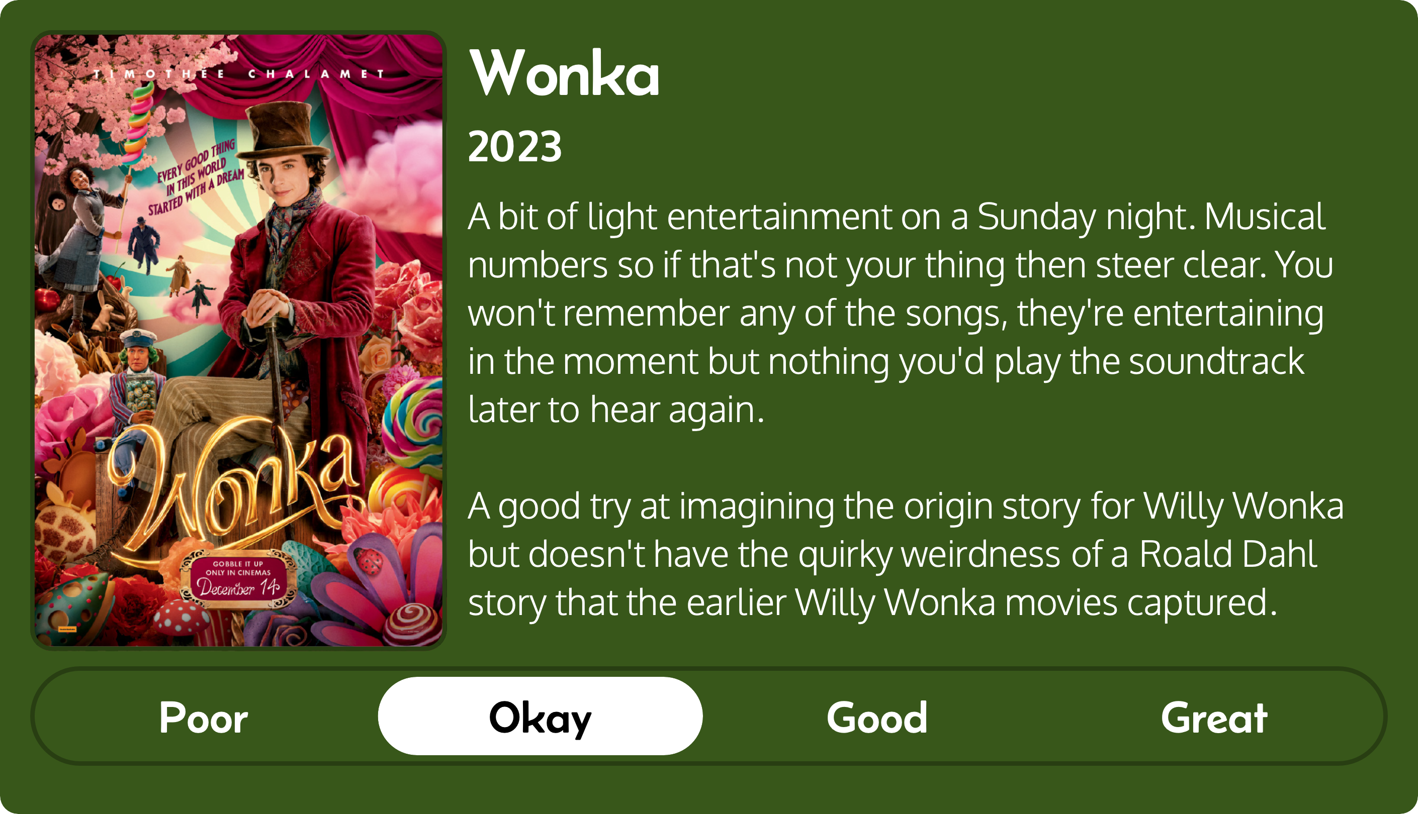 A rectangular image with a review of the movie - Wonka. The left third contains the movie poster and the review is in other two-thirds. Across the bottom is a rating of Poor Okay Good Great with Okay selected. The review reads: A bit of light entertainment on a Sunday night. Musical numbers so if that's not your thing then steer clear. You won't remember any of the songs, they're entertaining in the moment but nothing you'd play the soundtrack later to hear again. A good try at imagining the origin story for Willy Wonka but doesn't have the quirky weirdness of a Roald Dahl story that the earlier Willy Wonka movies captured.