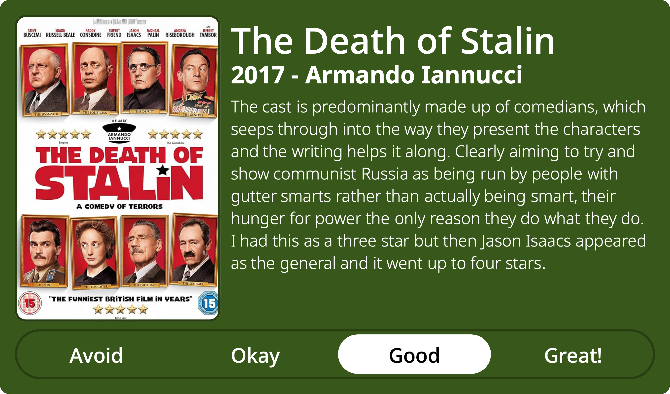 A rectangular image with a review of the movie The Death of Stalin. The show poster is on the left and the review on the right side. Across the bottom is a rating of Avoid Okay Good Great! with Good selected. The review reads: The cast is predominantly made up of comedians, which seeps through into the way they present the characters and the writing helps it along. Clearly aiming to try and show communist Russia as being run by people with gutter smarts rather than actually being smart, their hunger for power the only reason they do what they do. I had this as a three star but then Jason Isaacs appeared as the general and it went up to four stars. 