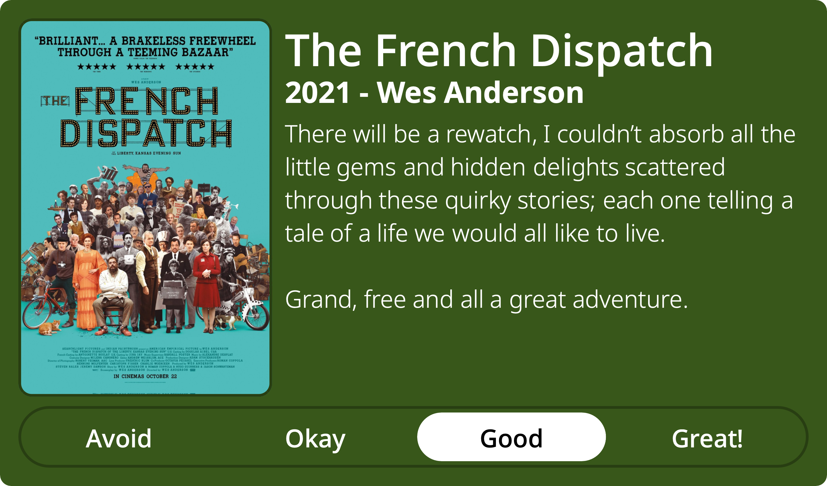 There will be a rewatch, I couldn’t absorb all the little gems and hidden delights scattered through these quirky stories; each one telling a tale of a life we would all like to live. Grand, free and all a great adventure.