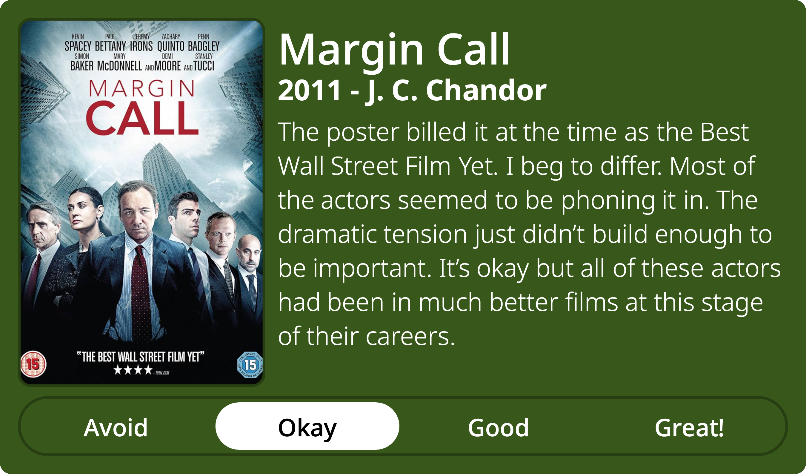 A rectangular image with a review of the movie Margin Call. The show poster is on the left and the review on the right side. Across the bottom is a rating of Avoid Okay Good Great! with Okay selected. The review reads: The poster billed it at the time as the Best Wall Street Film Yet. I beg to differ. Most of the actors seemed to be phoning it in. The dramatic tension just didn’t build enough to be important. It’s okay but all of these actors had been in much better films at this stage of their careers.