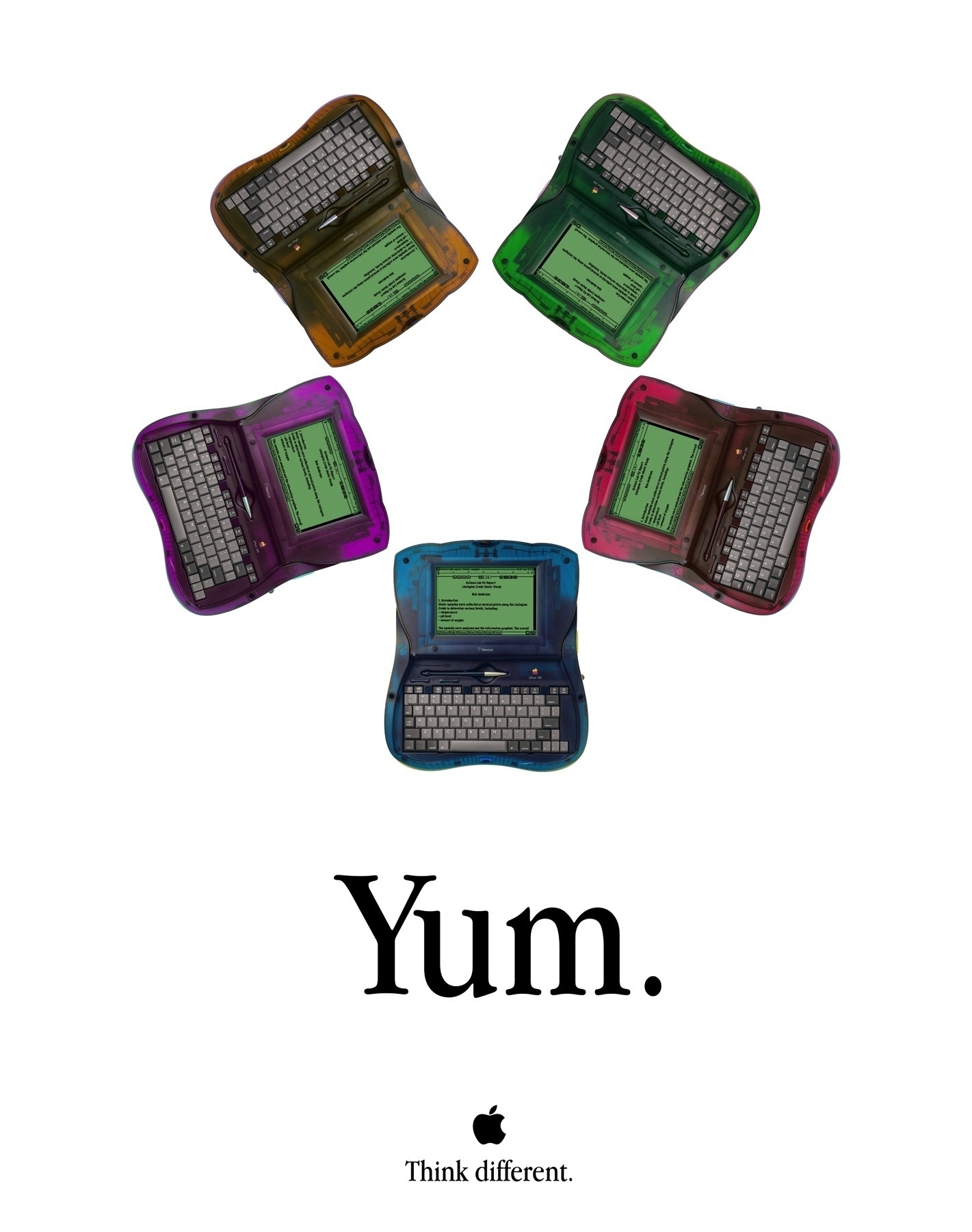 Five brightly colored eMate 300 in the iMac five color poster design with the title “Yum.” followed by the Apple logo and “Think different.”