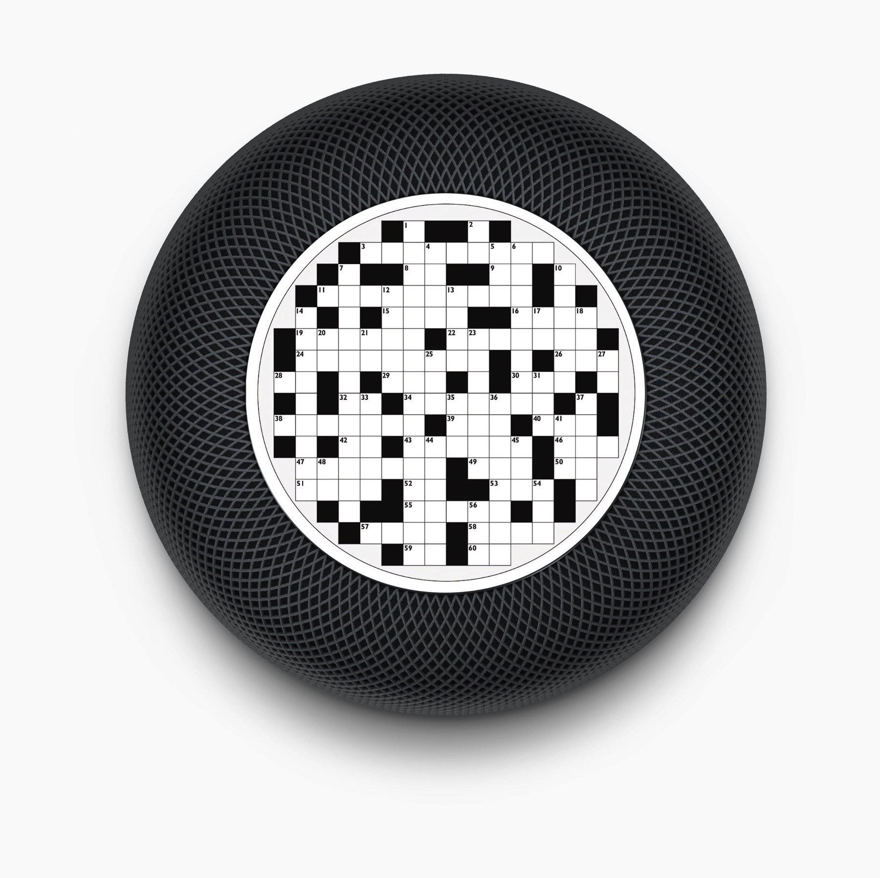 Crossword game on the top of a black HomePod