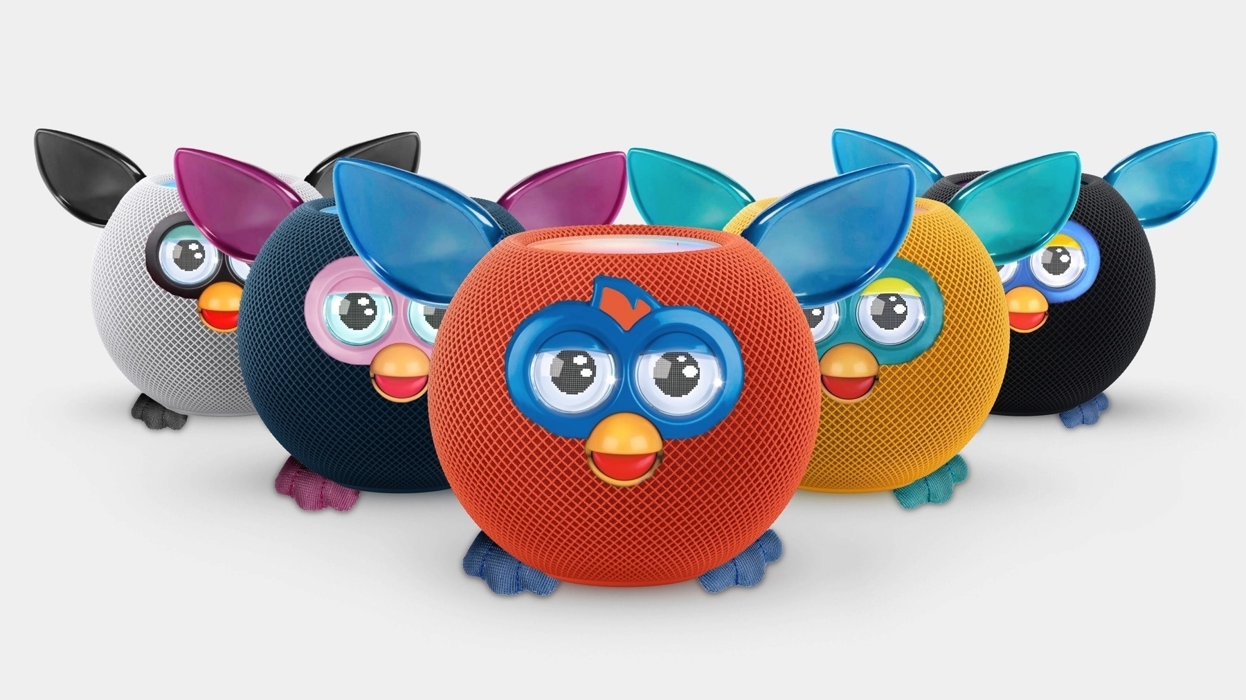 5 HomePod minis with Furby faces, ears, and feet.