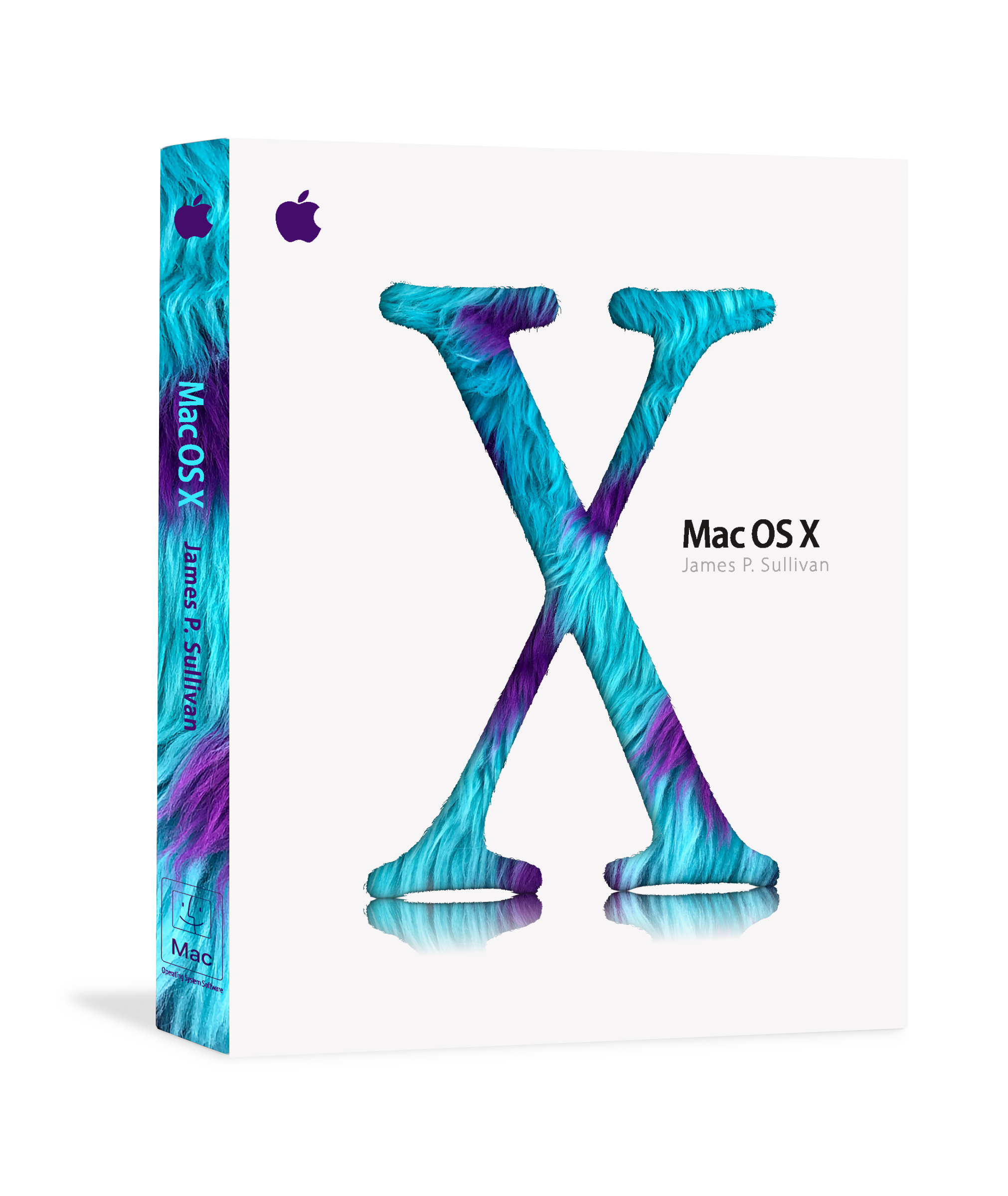 Mac OS X 10.2 Jaguar box with Monsters Inc. “Sulley” colored faux fur X logo and branding.
