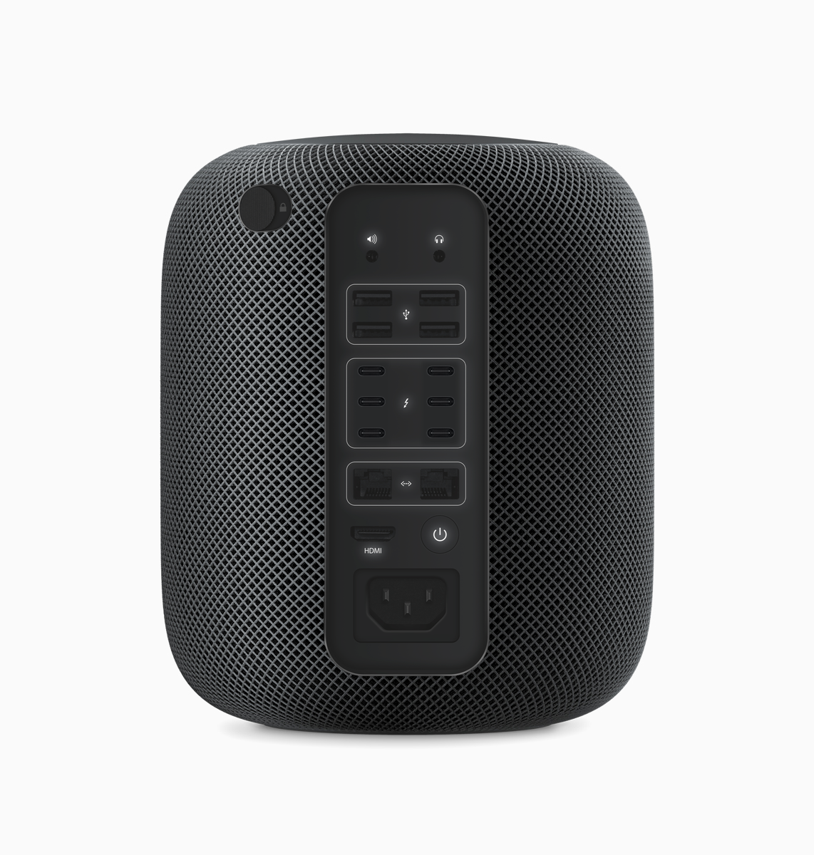 HomePod Pro: a combination of the Space Gray fabric exterior of the HomePod but with the I/O of the 2013 Mac Pro + six Thunderbolt 4 ports.