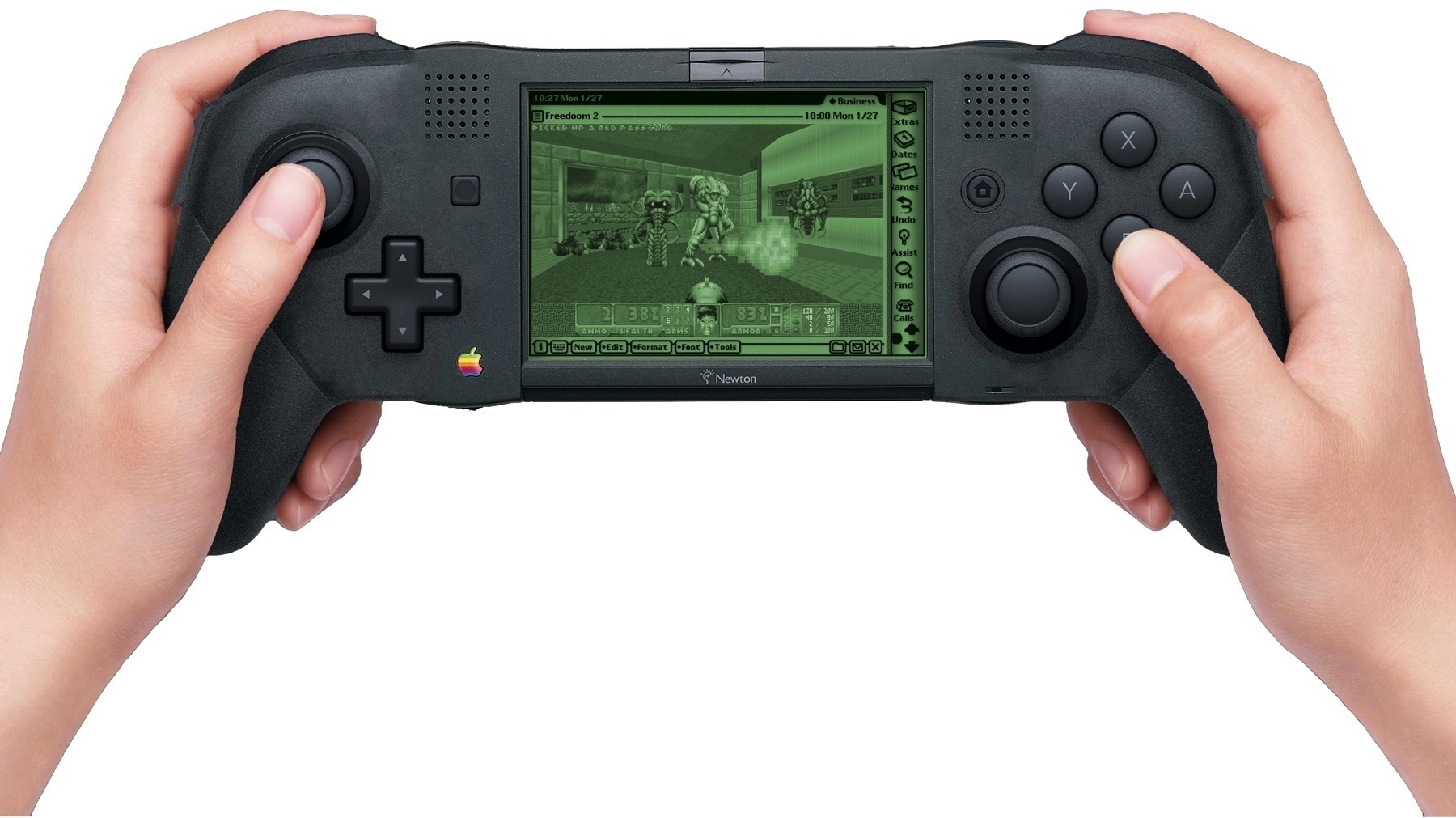Apple Newton MessagePad with a built-in Nintendo Switch Pro controller playing Freedoom 2.