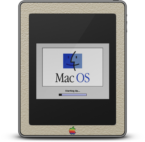 Beige iPad running System 7 with a six color Apple logo home button.