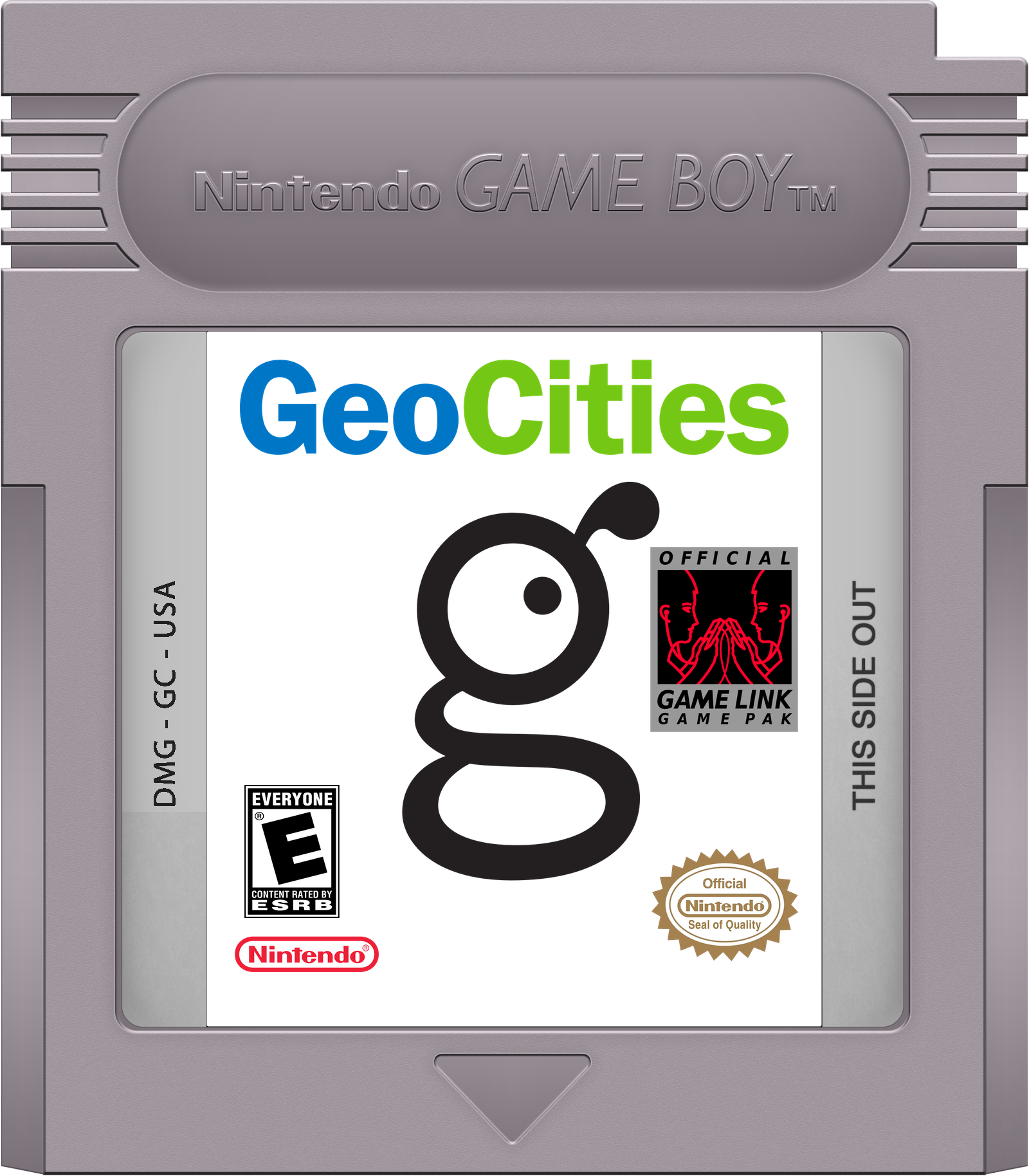 The GeoCities catridge for the Nintendo GameBoy. (Cartridge art by BLUEamnesiac https://www.deviantart.com/blueamnesiac/art/Nintendo-Game-Boy-Cartridge-Silver-457938898)
