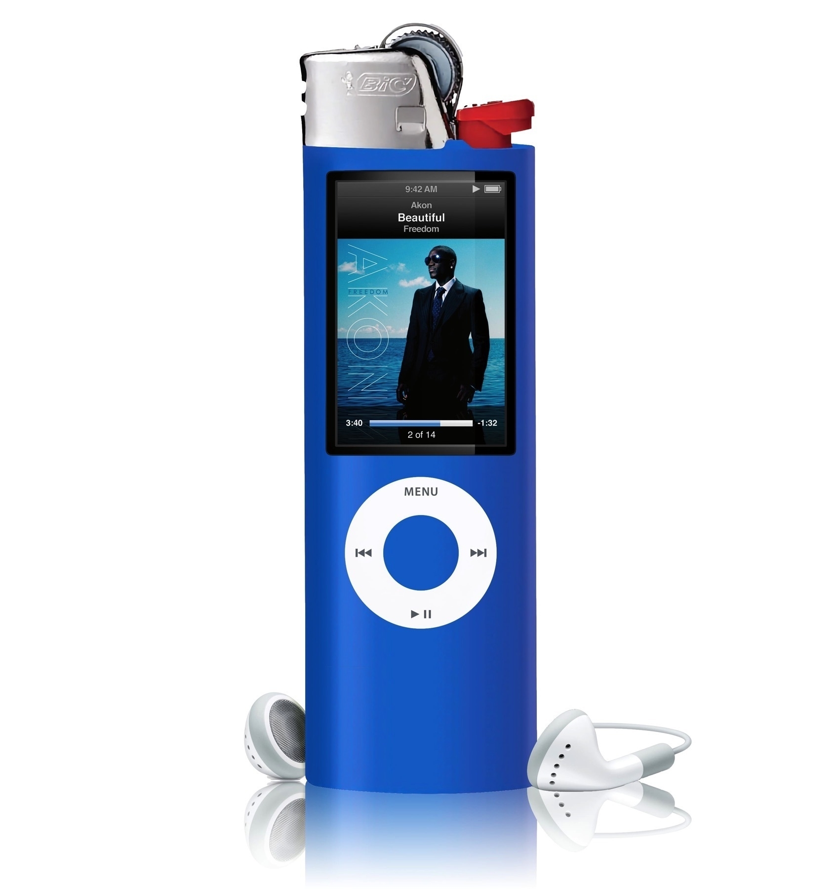 iPod nano with Apple ear buds fused with a blue BIC lighter