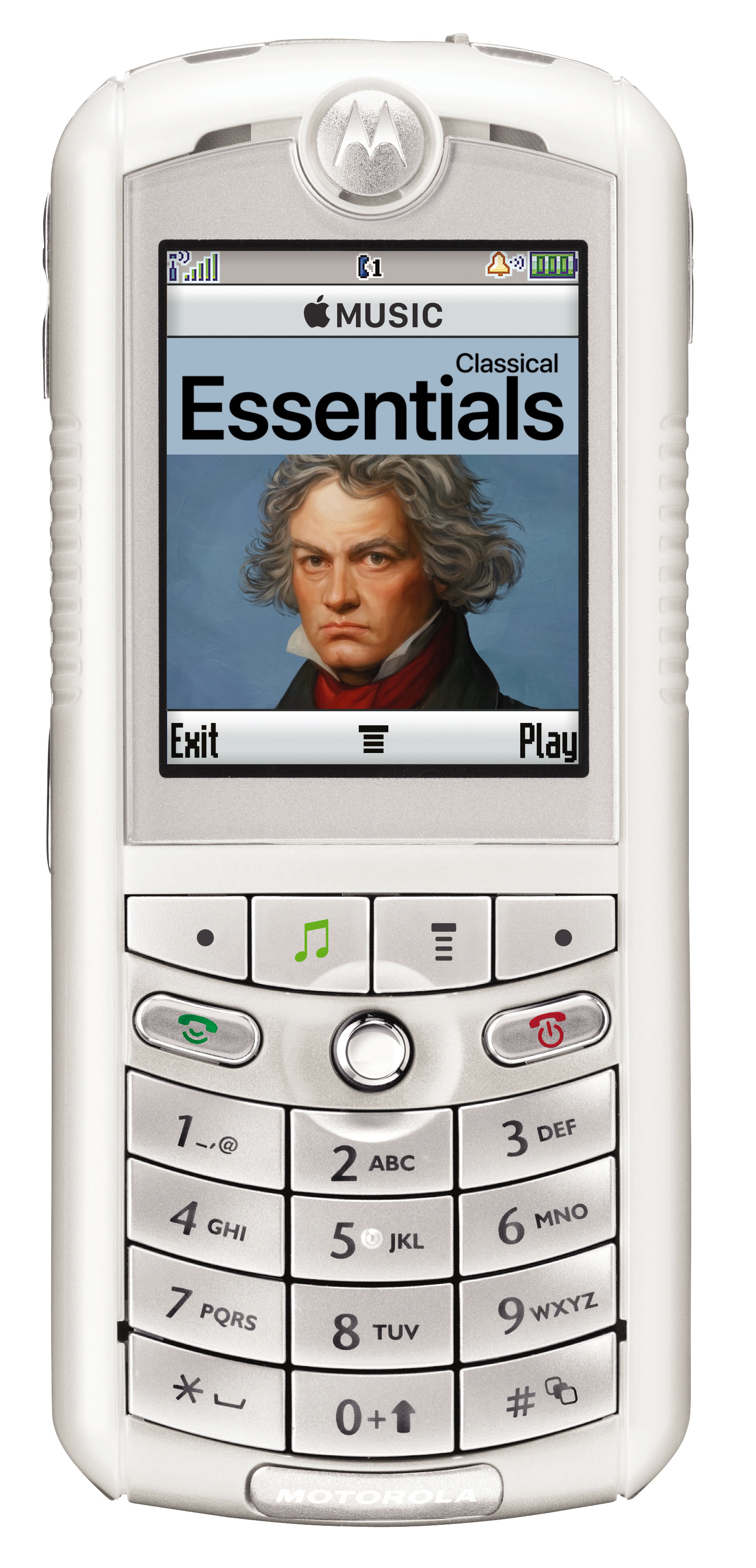 Motorola ROCKR E1 displaying Apple Music Classical Essentials splash graphic featuring Ludwig van Beethoven