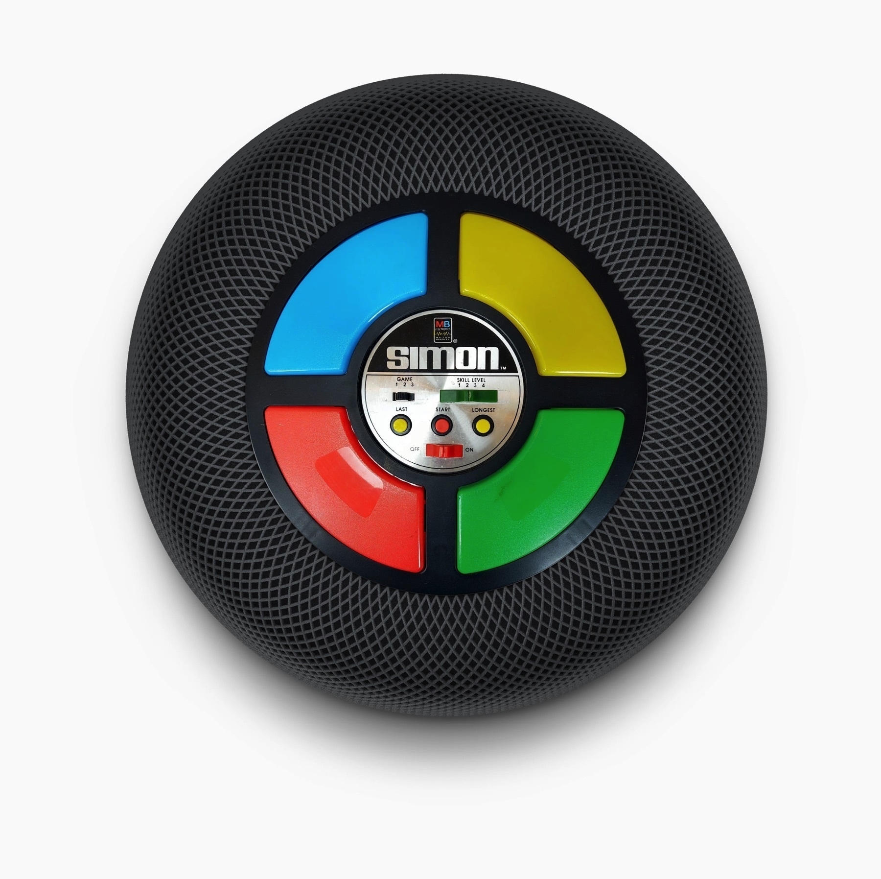 Simon game on the top of a black HomePod