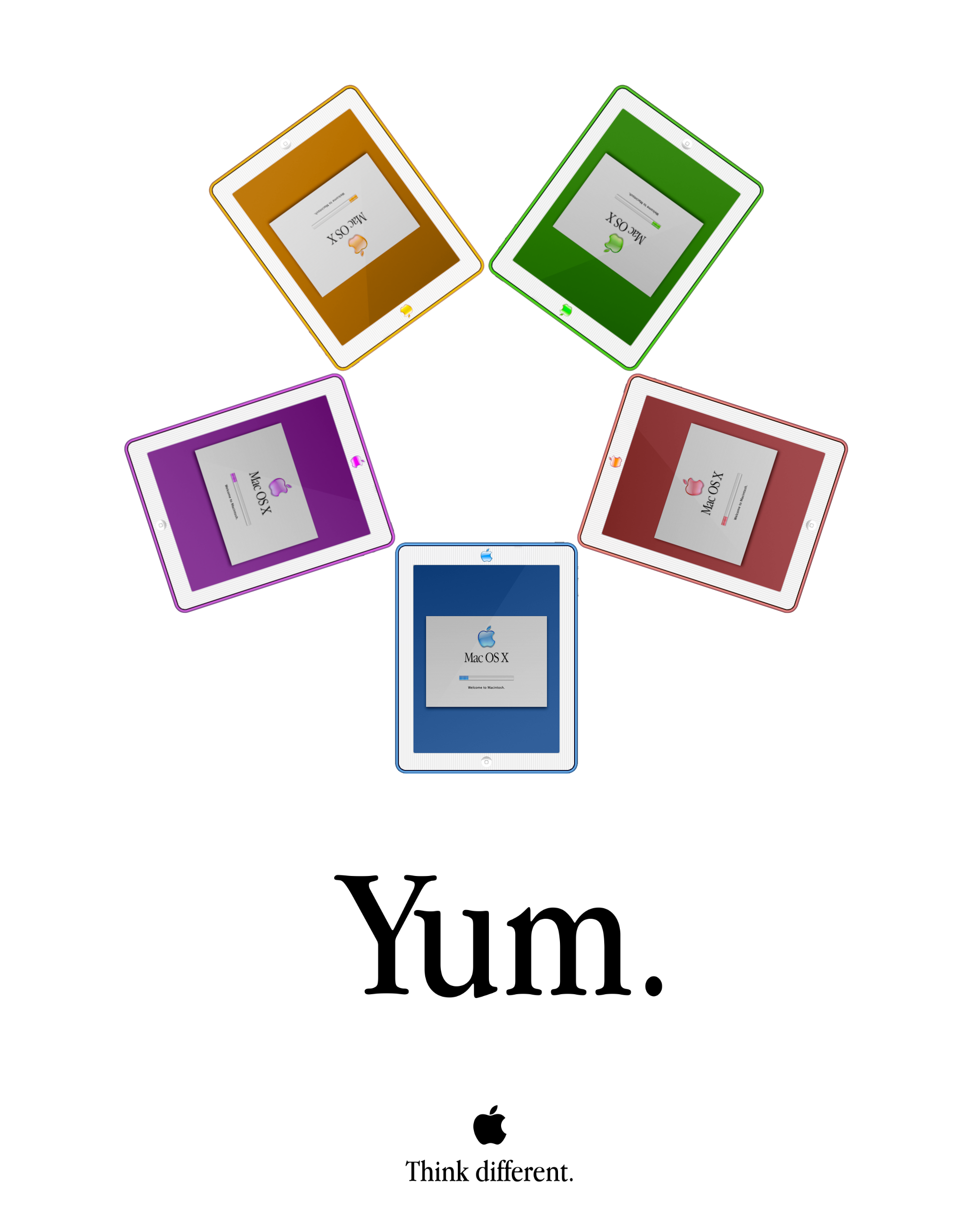 Five brightly colored iPads in the iMac five color poster design with the title “Yum.” followed by the Apple logo and “Think different.”