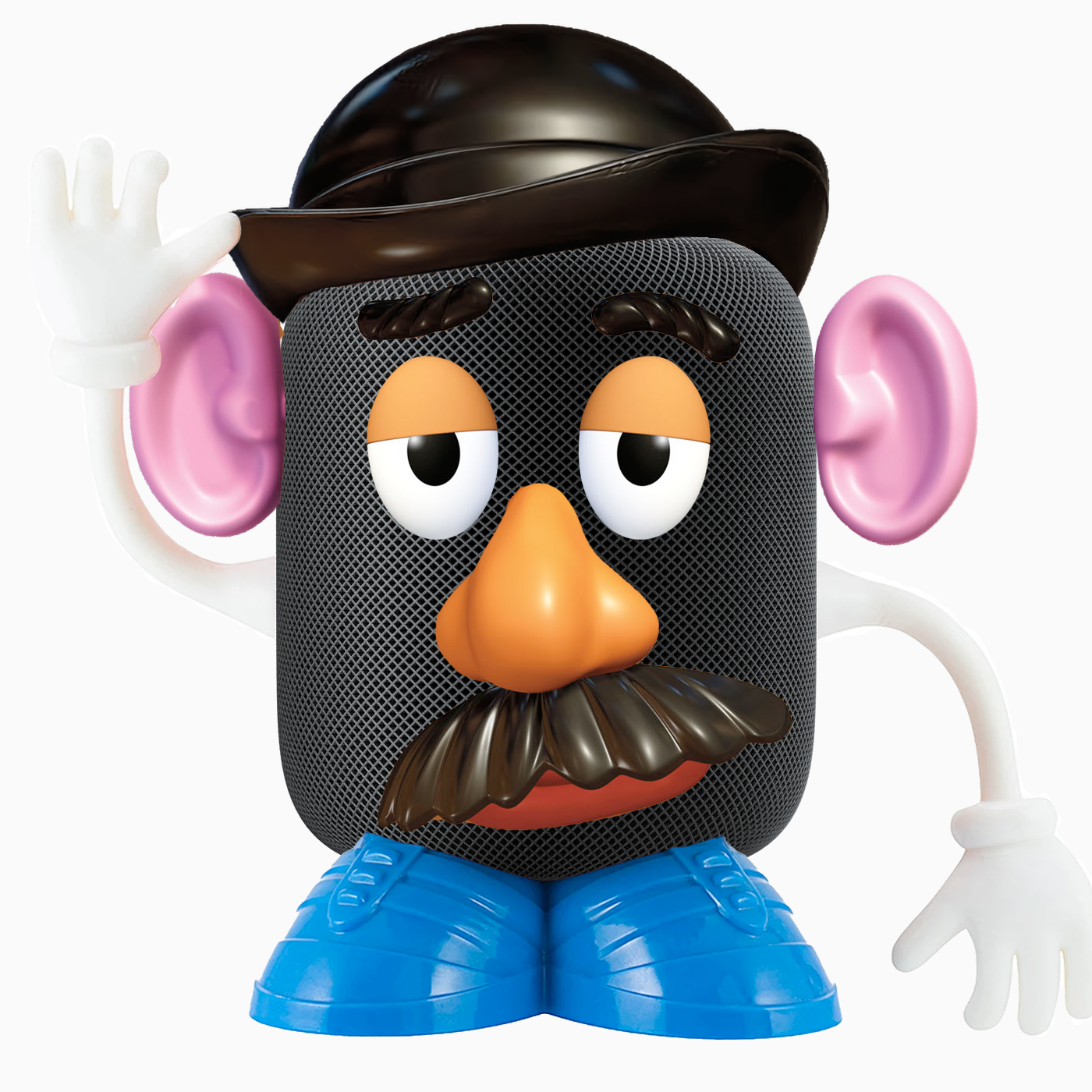 Mister HomePod Head (a black HomePod with Mister Potato Head accessories on it.)