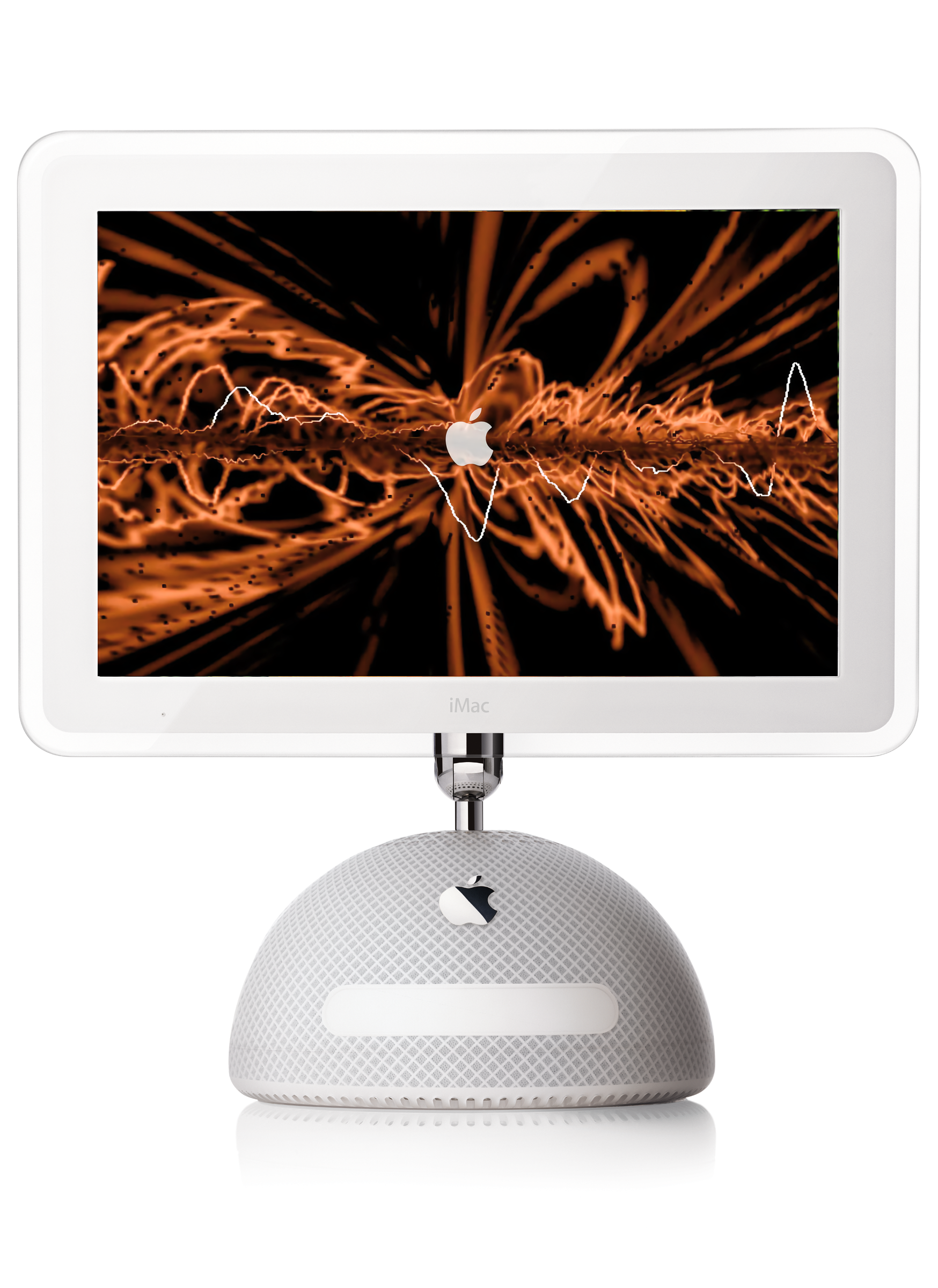 17-inch iMac G4 with HomePod fabric covering displaying the iTunes classic visualizer.