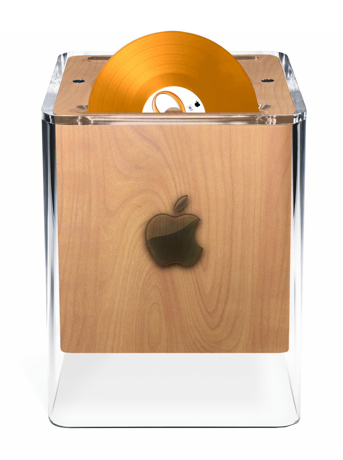 Installing Mac OS 9 from the original orange 45 on a wood panel Power Mac G4 Cube.