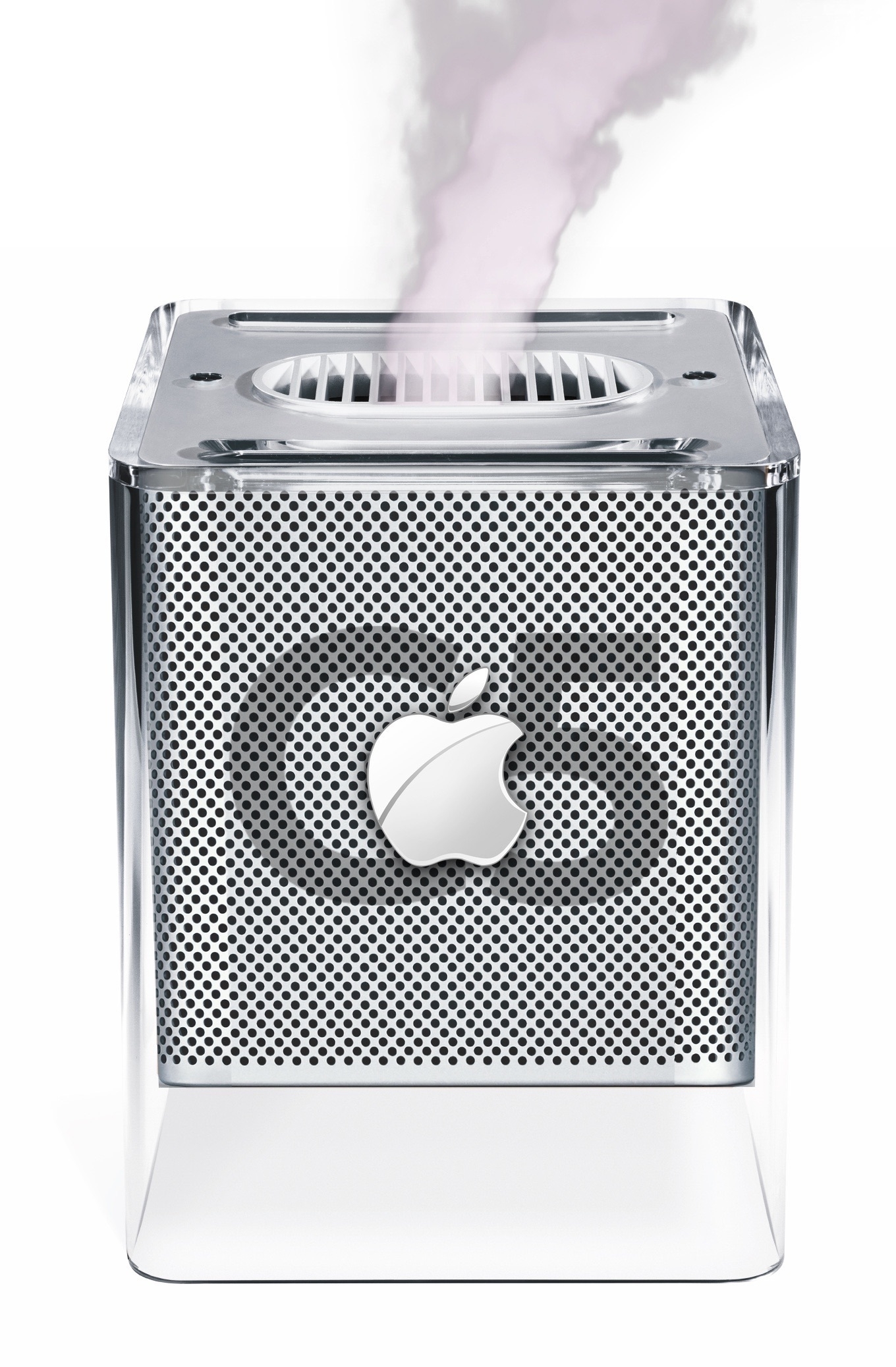 Power Mac G5 Cube emitting smoke out of its top convention cooling vent.