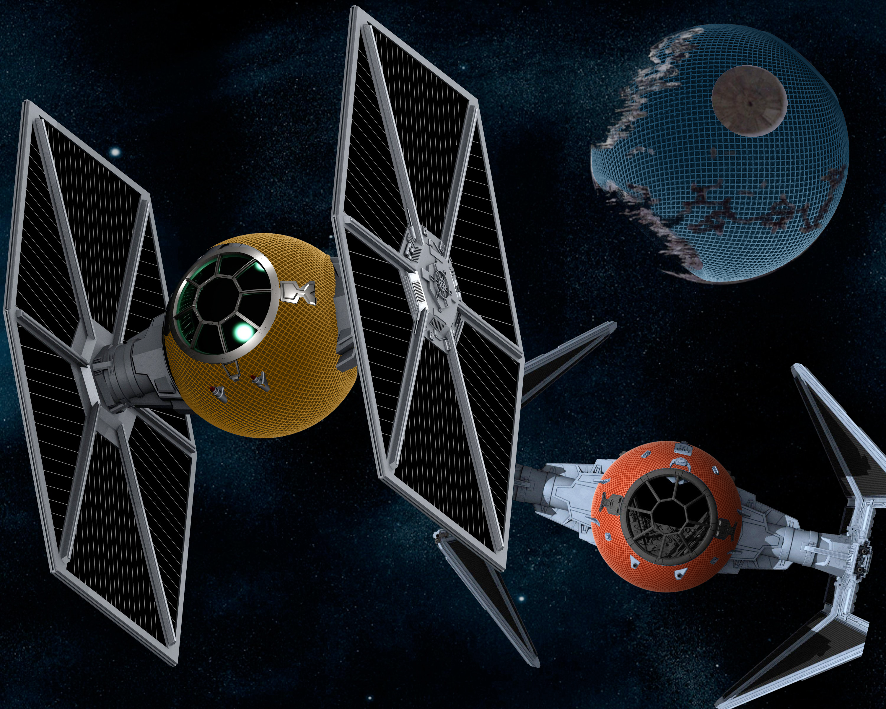 Star Wars TIE fighter, TIE Intercepter, and Deathstar II space scene. Each is overed in Apple HomePod mini fabric pattern in yellow, orange, and Blue respectively.