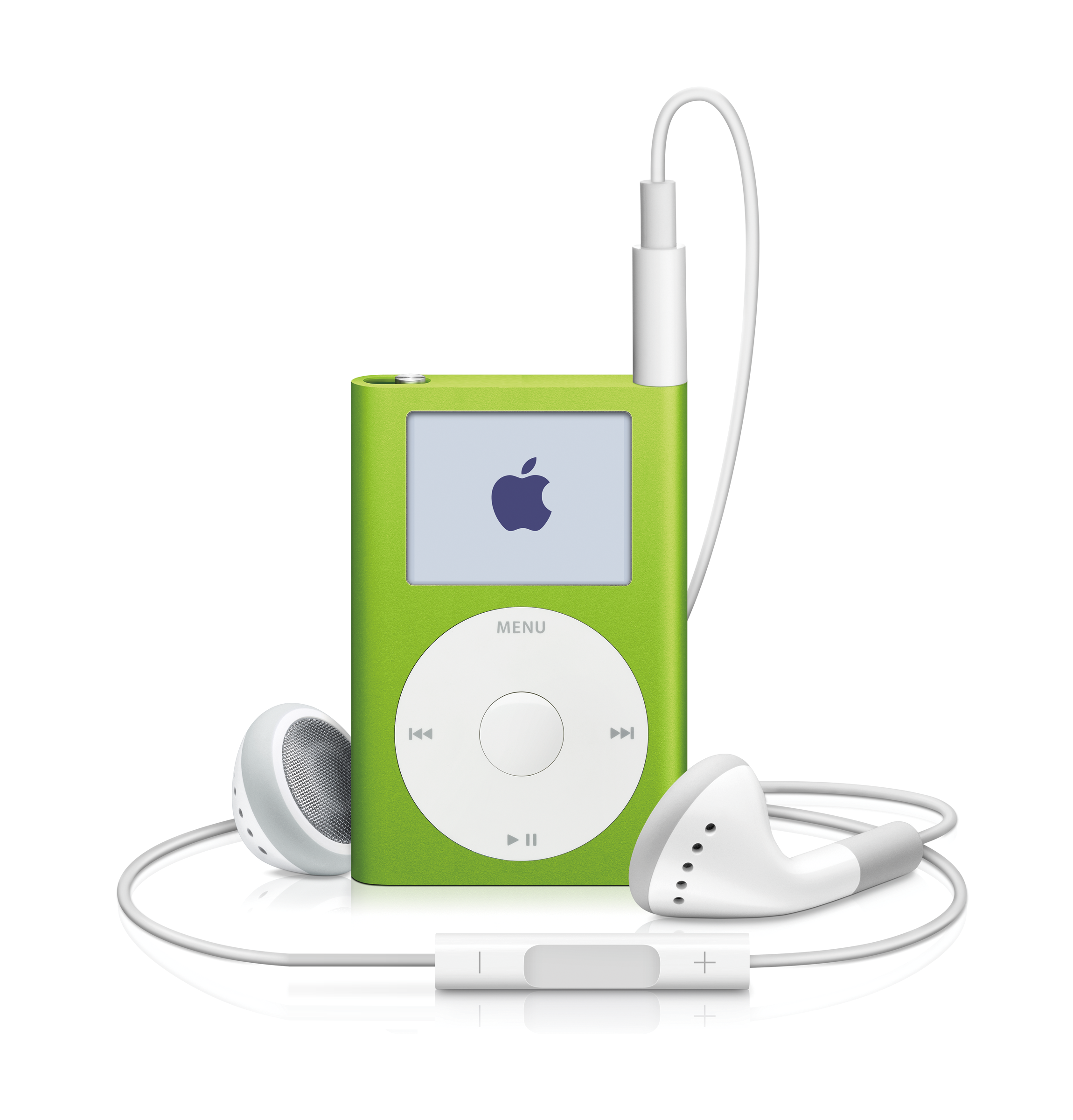 iPod Pequeño in green with earbuds for scale
